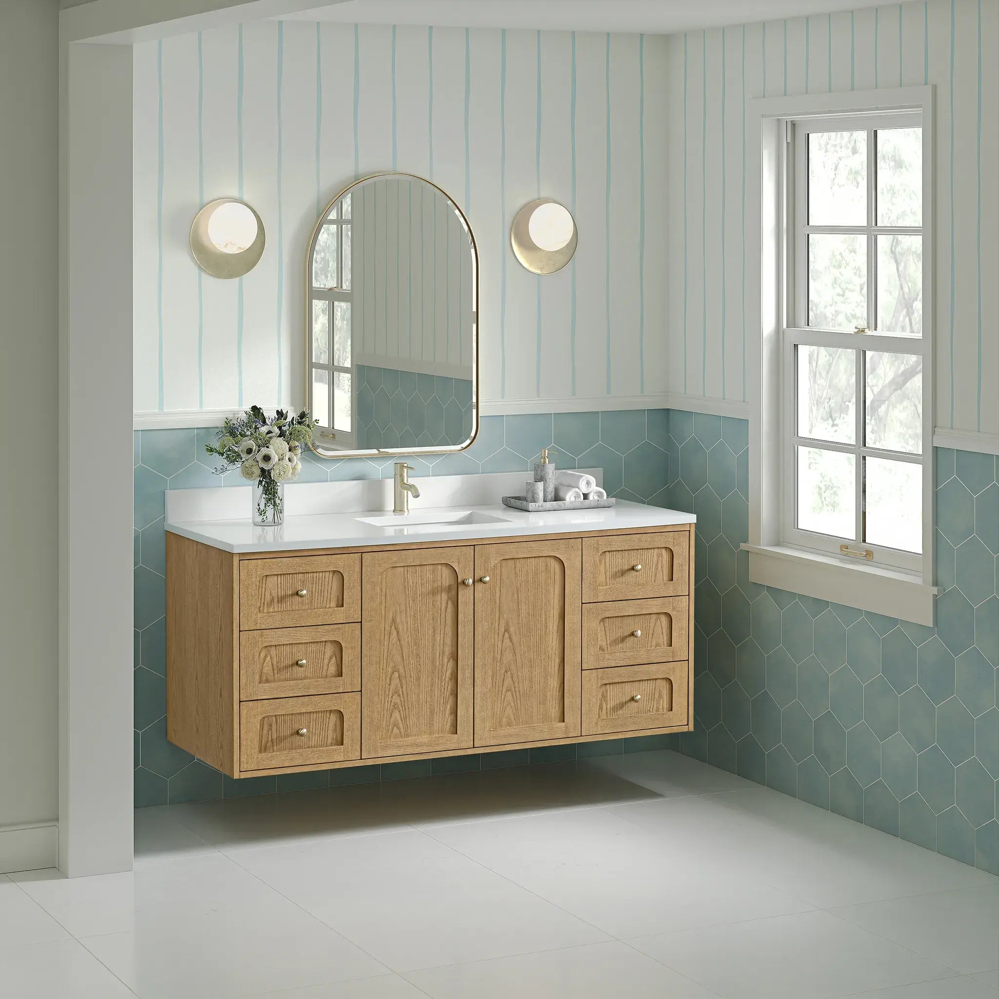 60" Laurent Single Vanity in Light Natural Oak-White Zeus Silestone & Backsplash-Single Hole image 6