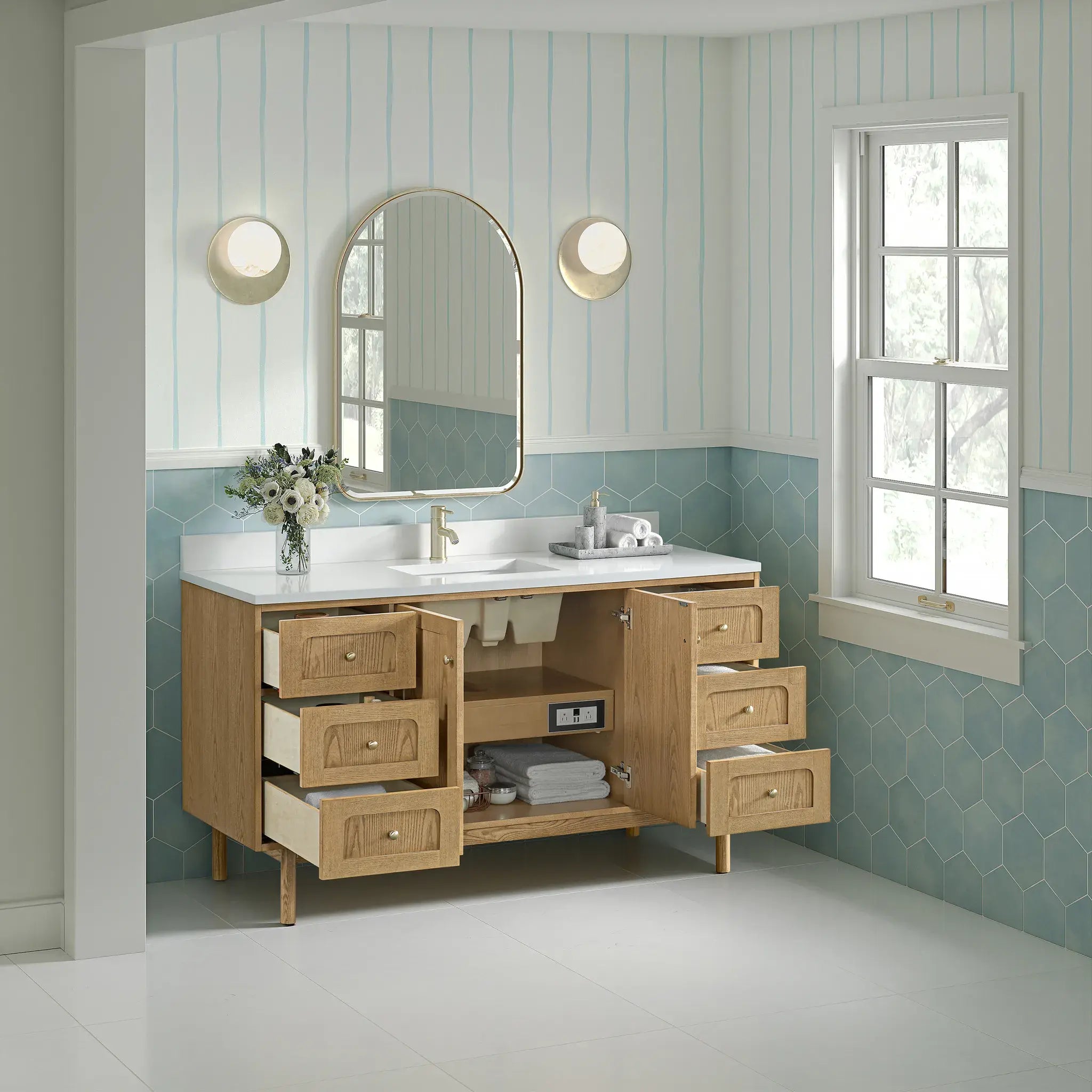 60" Laurent Single Vanity in Light Natural Oak-White Zeus Silestone & Backsplash-Single Hole image 7