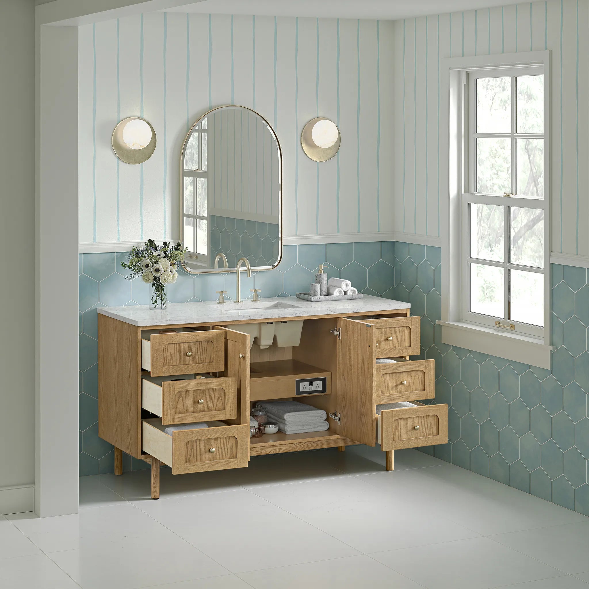 60" Laurent Single Vanity in Light Natural Oak, Wireless Charger-Eternal Jasmine Pearl Silestone-8" Widespread image 8