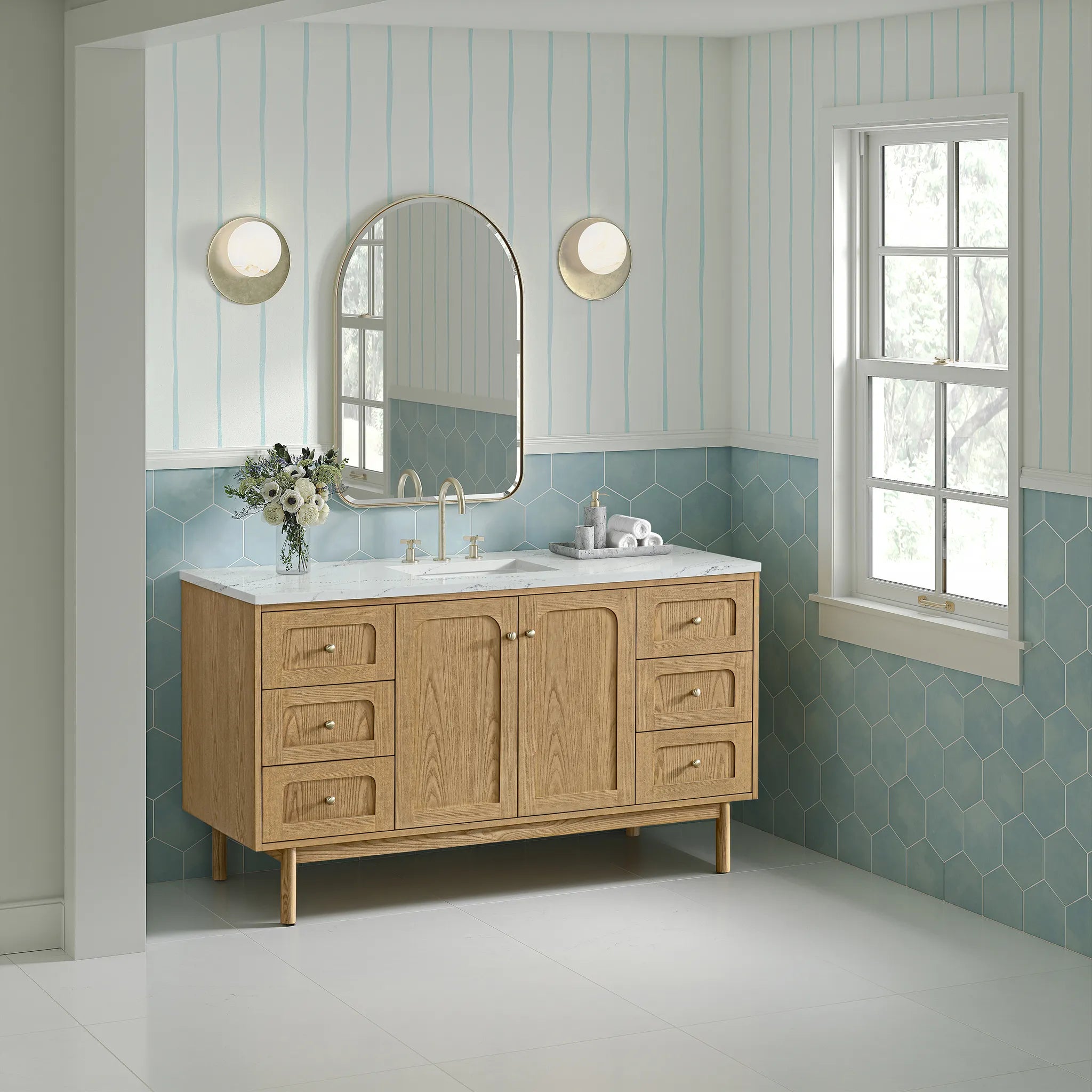 60" Laurent Single Vanity in Light Natural Oak, Wireless Charger-Ethereal Noctis Silestone-8" Widespread image 6