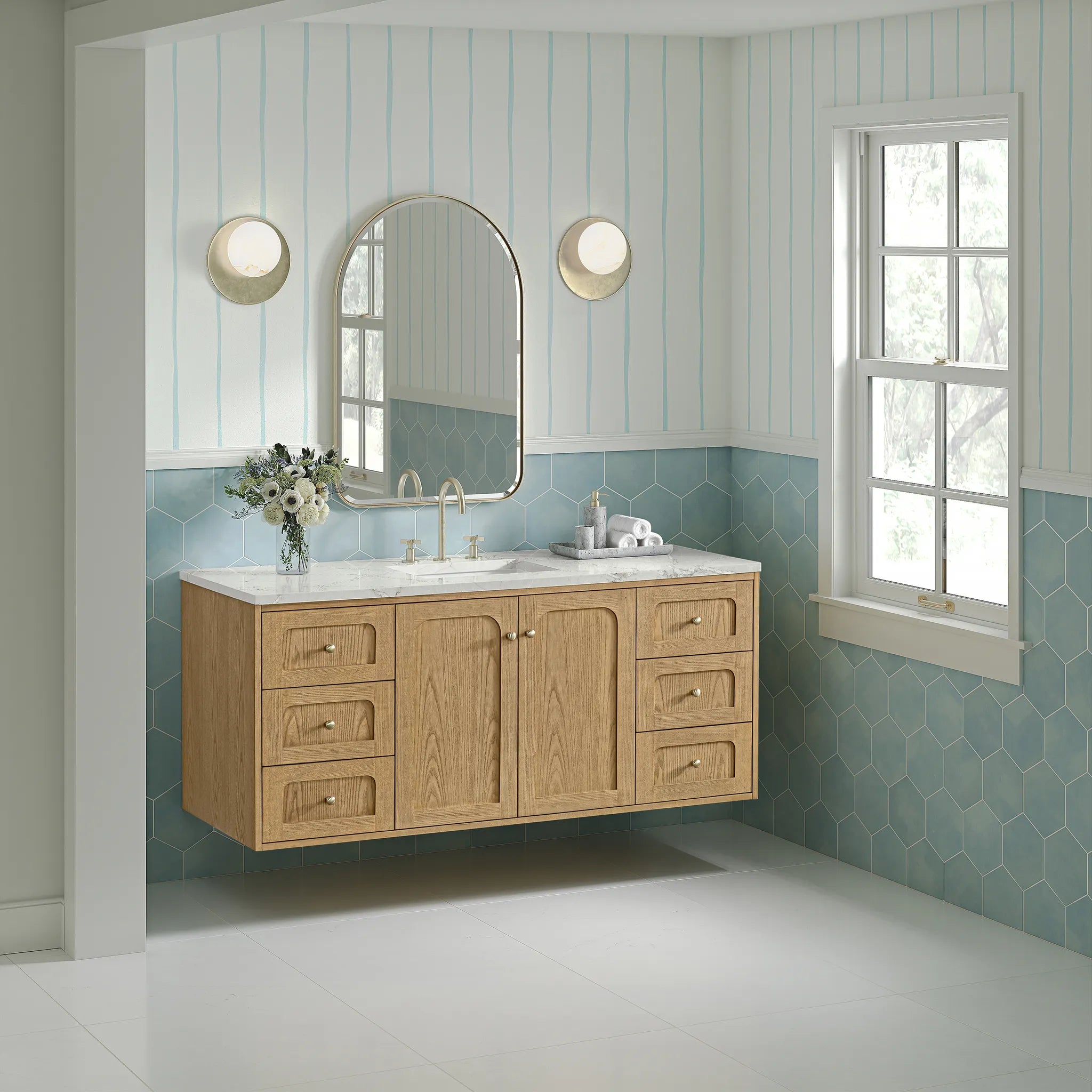 60" Laurent Single Vanity in Light Natural Oak, Wireless Charger-Victorian Silver Silestone-8" Widespread image 6