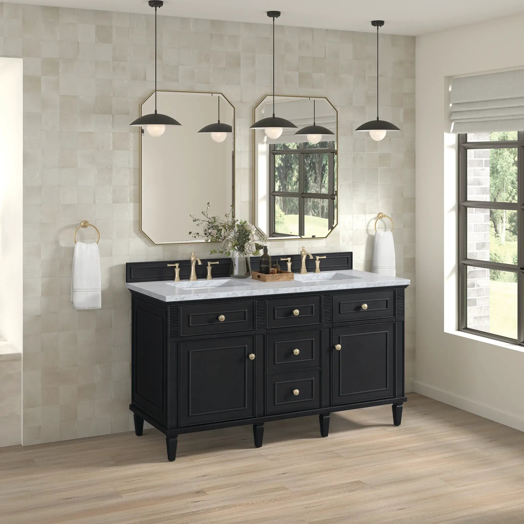 60" Lorelai Double Vanity in Black Onyx-Carrara White Marble-8" Widespread image 3