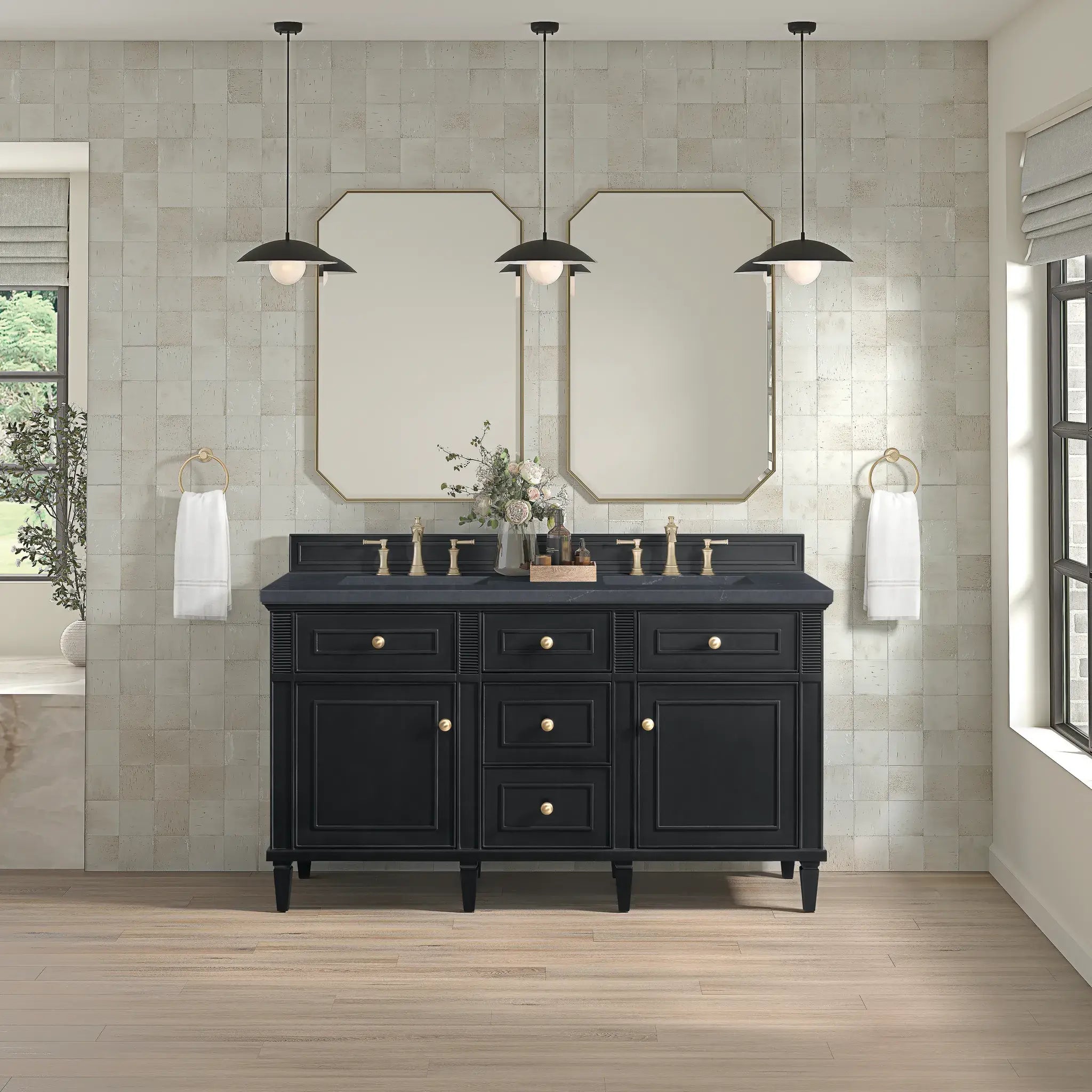 60" Lorelai Double Vanity in Black Onyx-Charcoal Soapstone Silestone-8" Widespread image 2