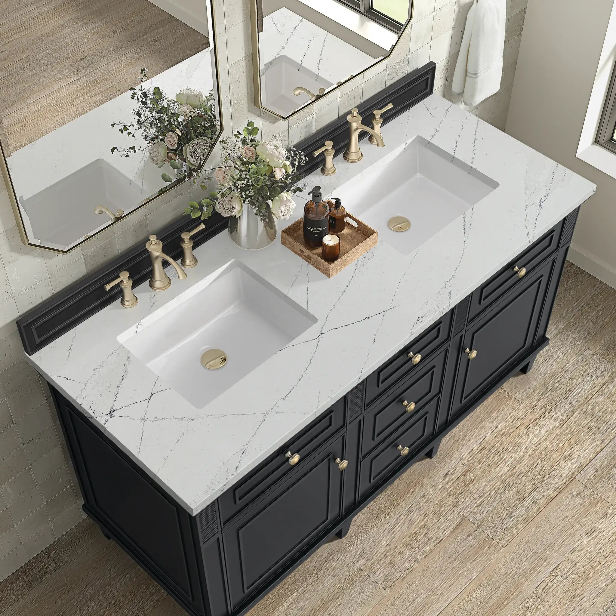 60" Lorelai Double Vanity in Black Onyx-Ethereal Noctis Silestone-8" Widespread image 6