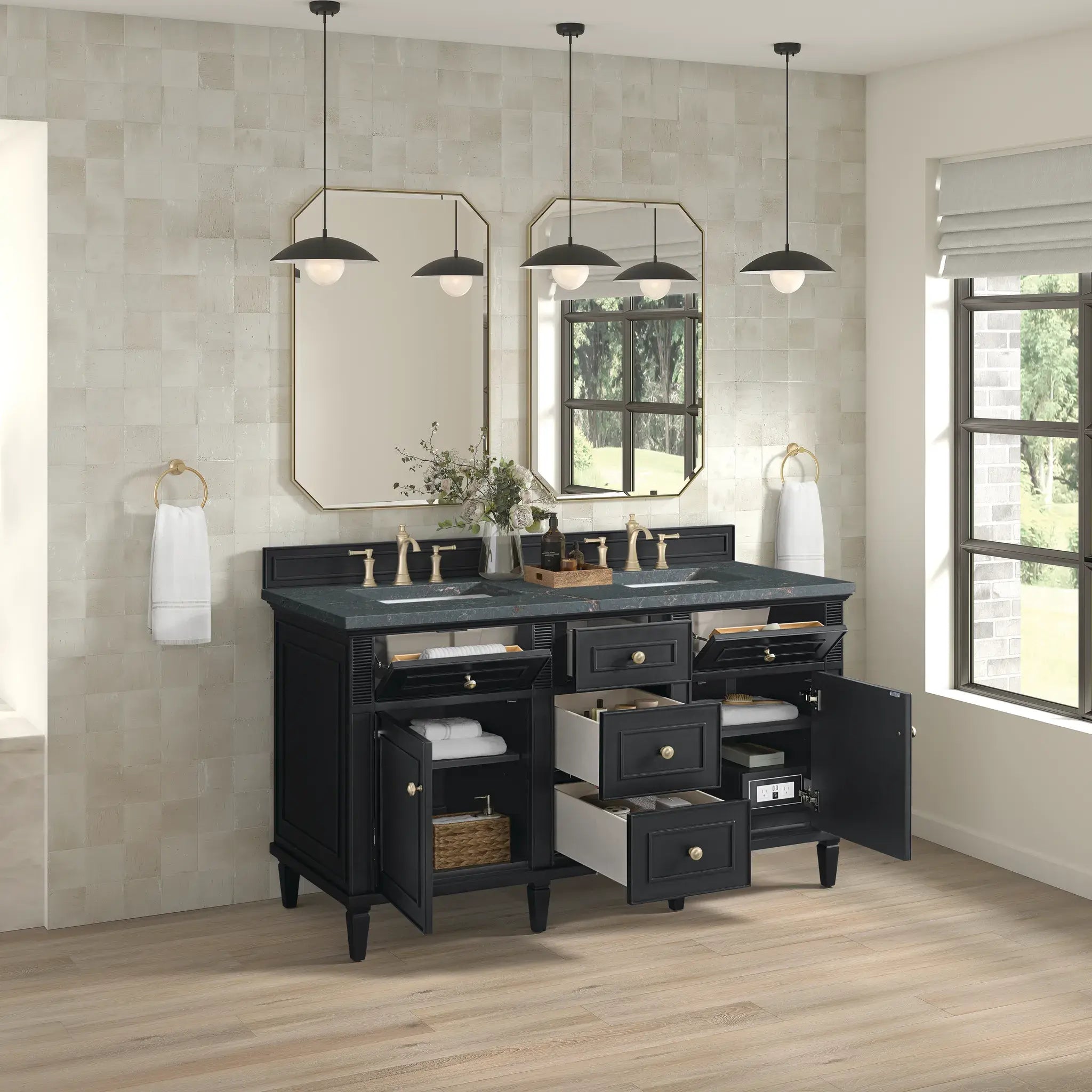 60" Lorelai Double Vanity in Black Onyx-Parisien Bleu Silestone-8" Widespread image 4
