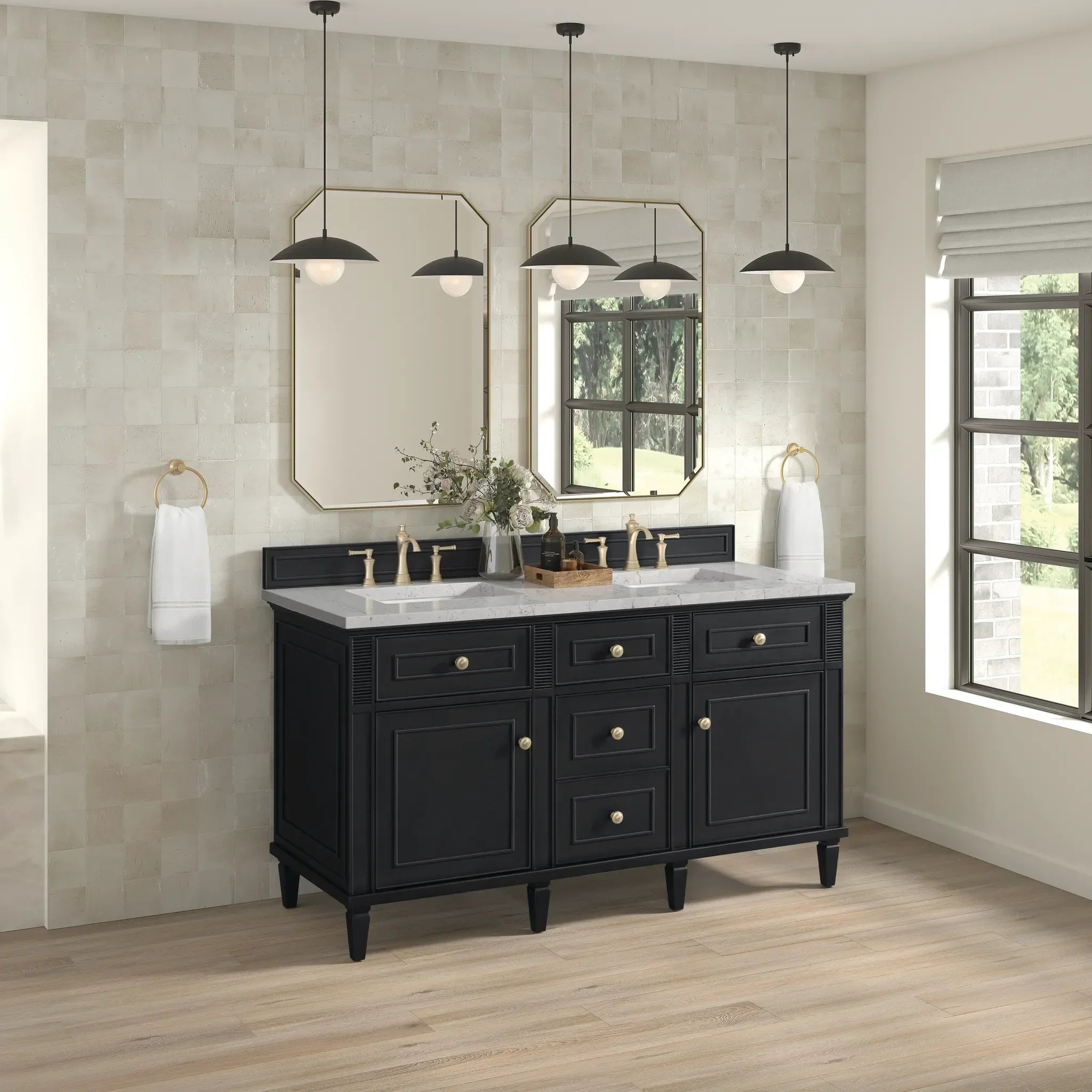 60" Lorelai Double Vanity in Black Onyx w/FreePower Wireless Charger-Eternal Jasmine Pearl Silestone-8" Widespread image 6