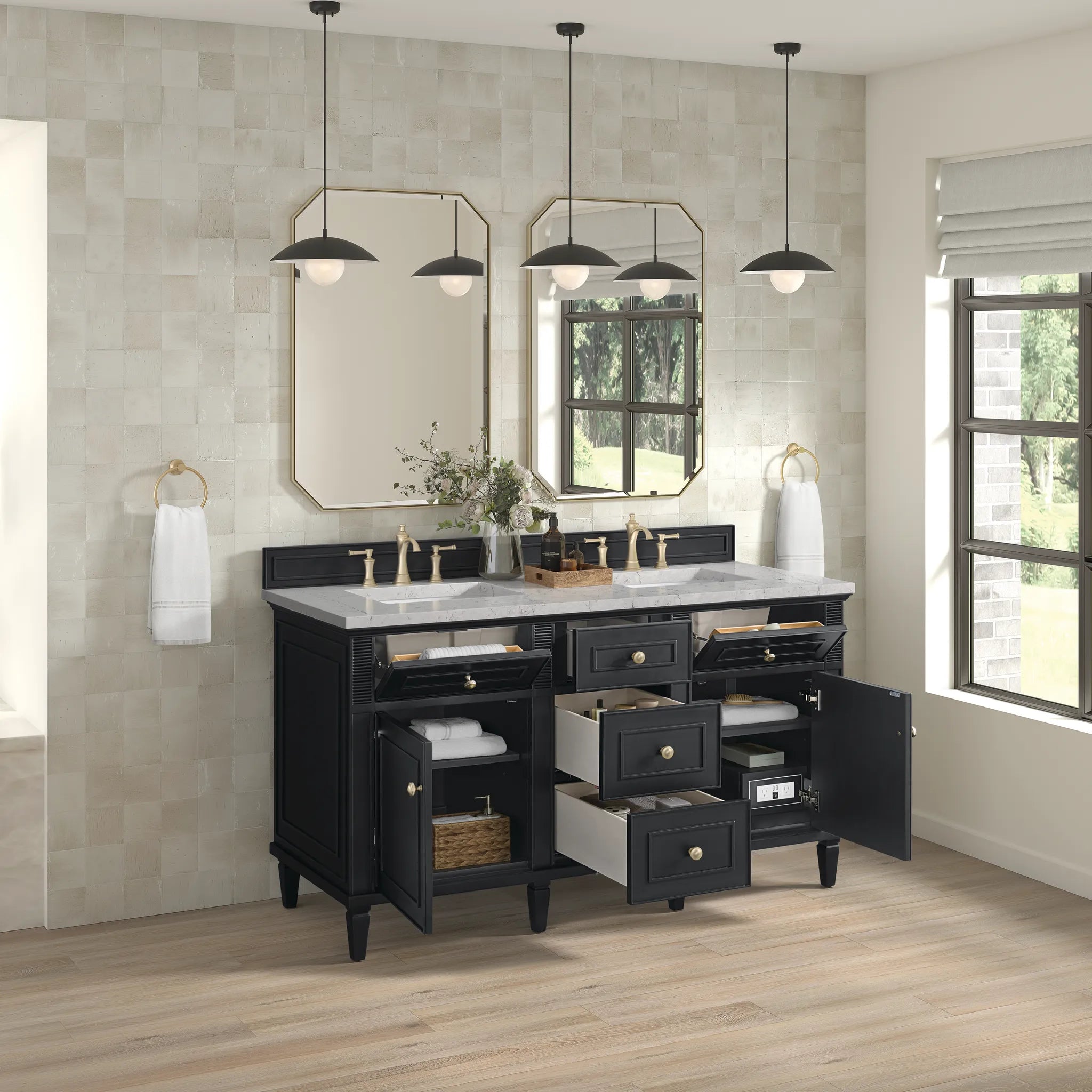 60" Lorelai Double Vanity in Black Onyx w/FreePower Wireless Charger-Eternal Jasmine Pearl Silestone-8" Widespread image 7