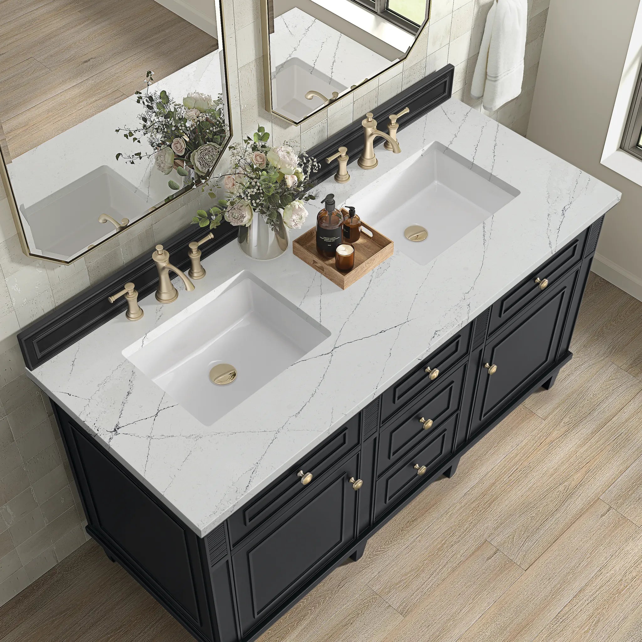 60" Lorelai Double Vanity in Black Onyx w/FreePower Wireless Charger-Ethereal Noctis Silestone-8" Widespread image 9