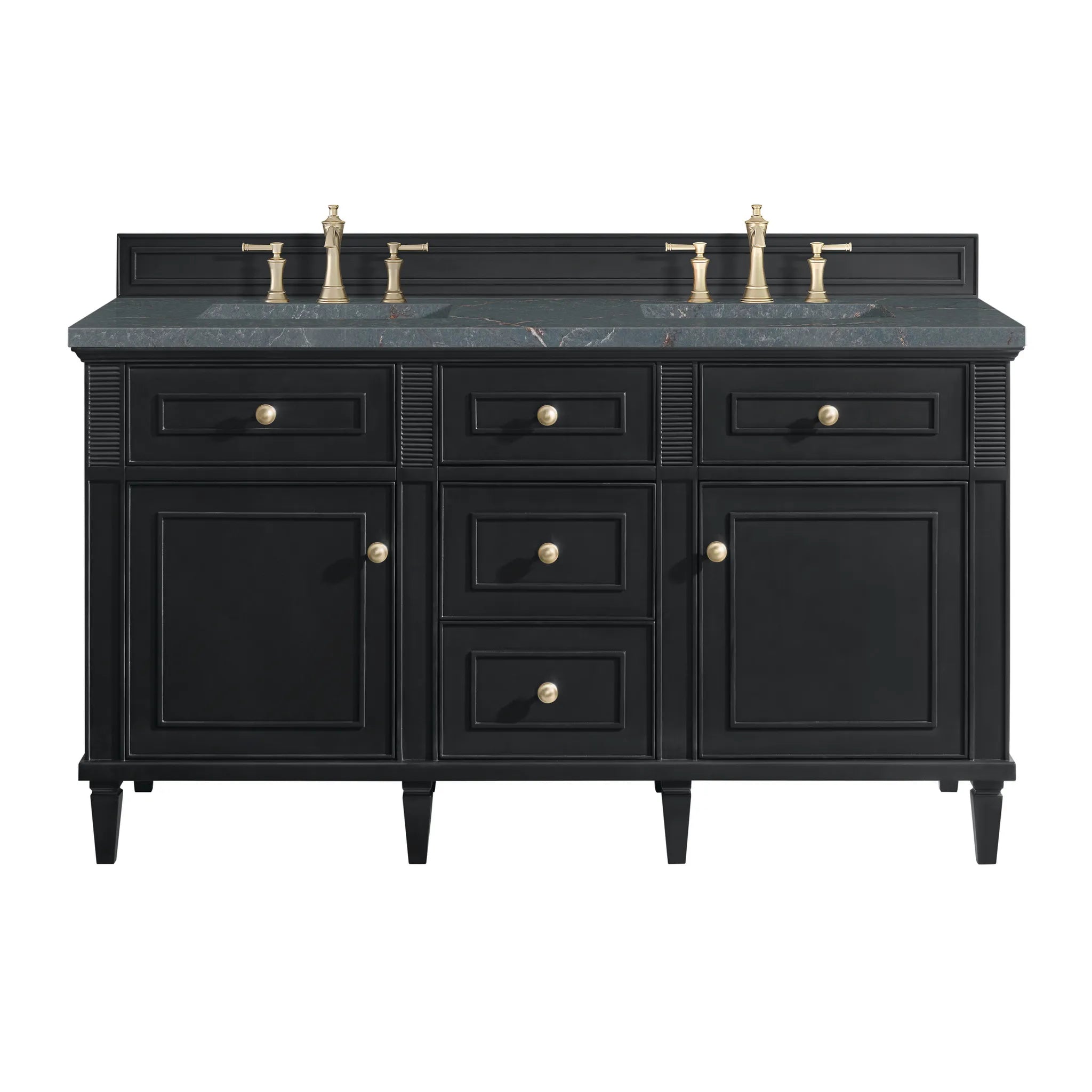 60" Lorelai Double Vanity in Black Onyx w/FreePower Wireless Charger-Parisien Bleu Silestone-8" Widespread image