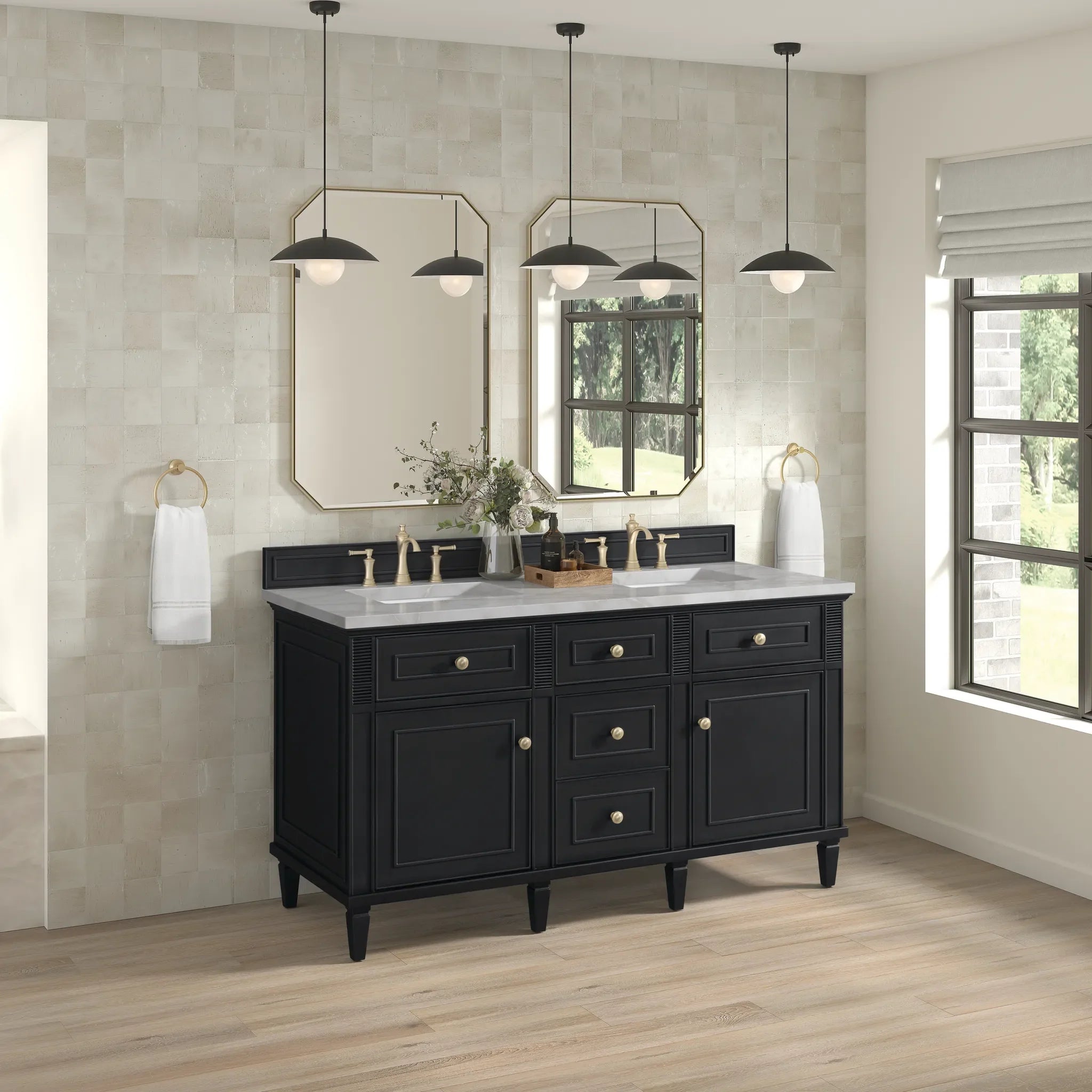 60" Lorelai Double Vanity in Black Onyx w/FreePower Wireless Charger-Victorian Silver Silestone-8" Widespread image 6