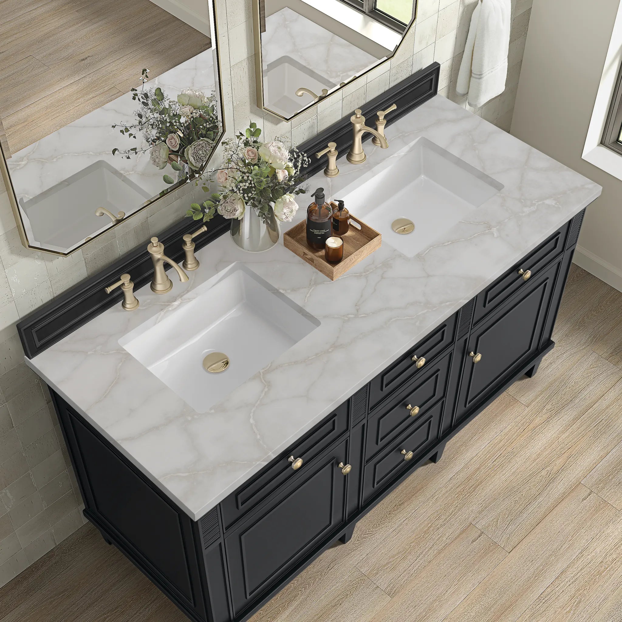 60" Lorelai Double Vanity in Black Onyx w/FreePower Wireless Charger-Victorian Silver Silestone-8" Widespread image 9
