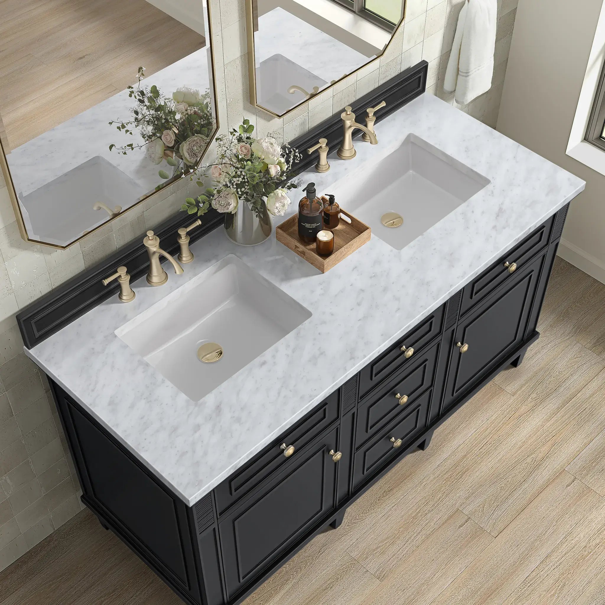 60" Lorelai Double Vanity in Black Onyx-White Zeus Silestone-8" Widespread image 6