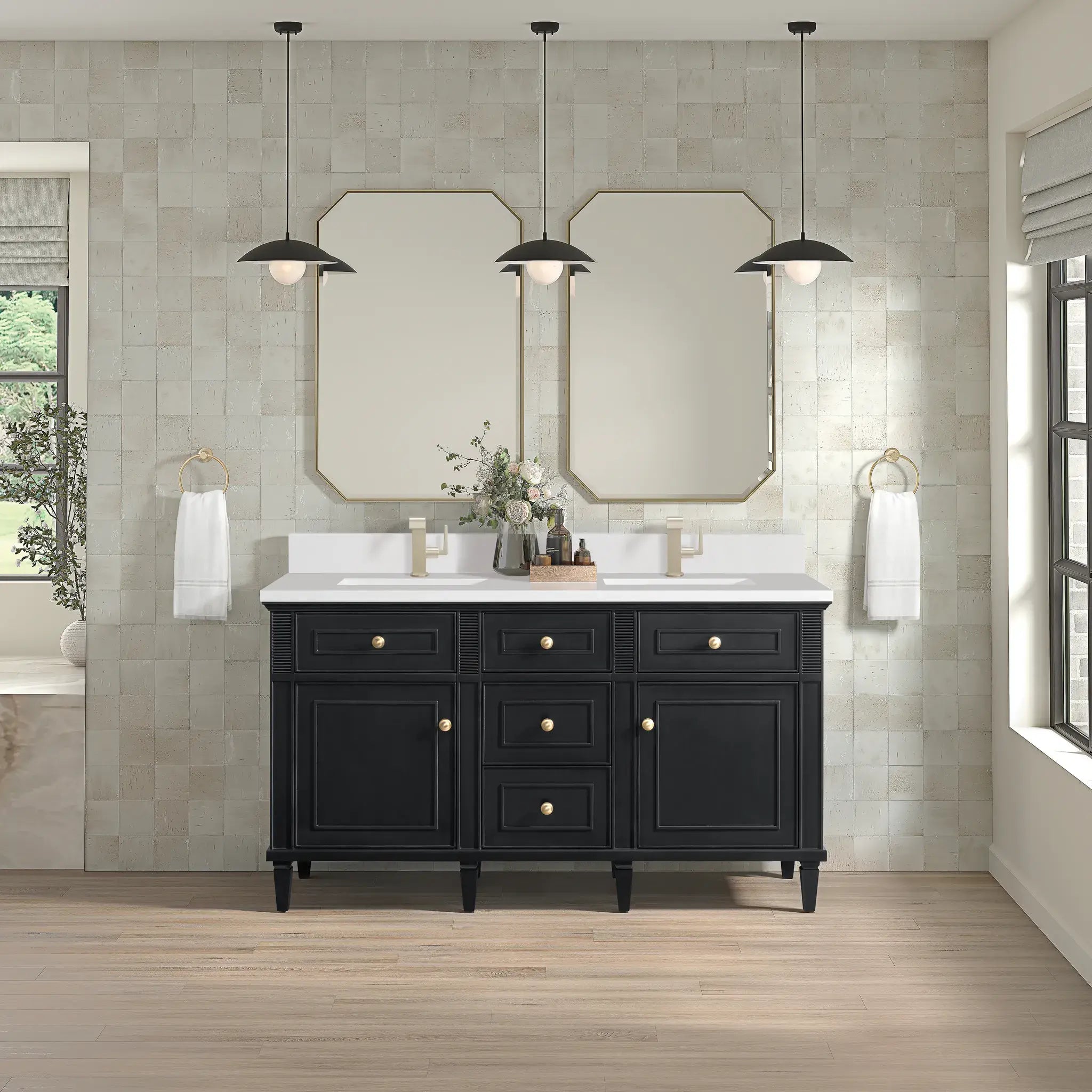 60" Lorelai Double Vanity in Black Onyx-White Zeus Silestone & Backsplash-Single Hole image 1