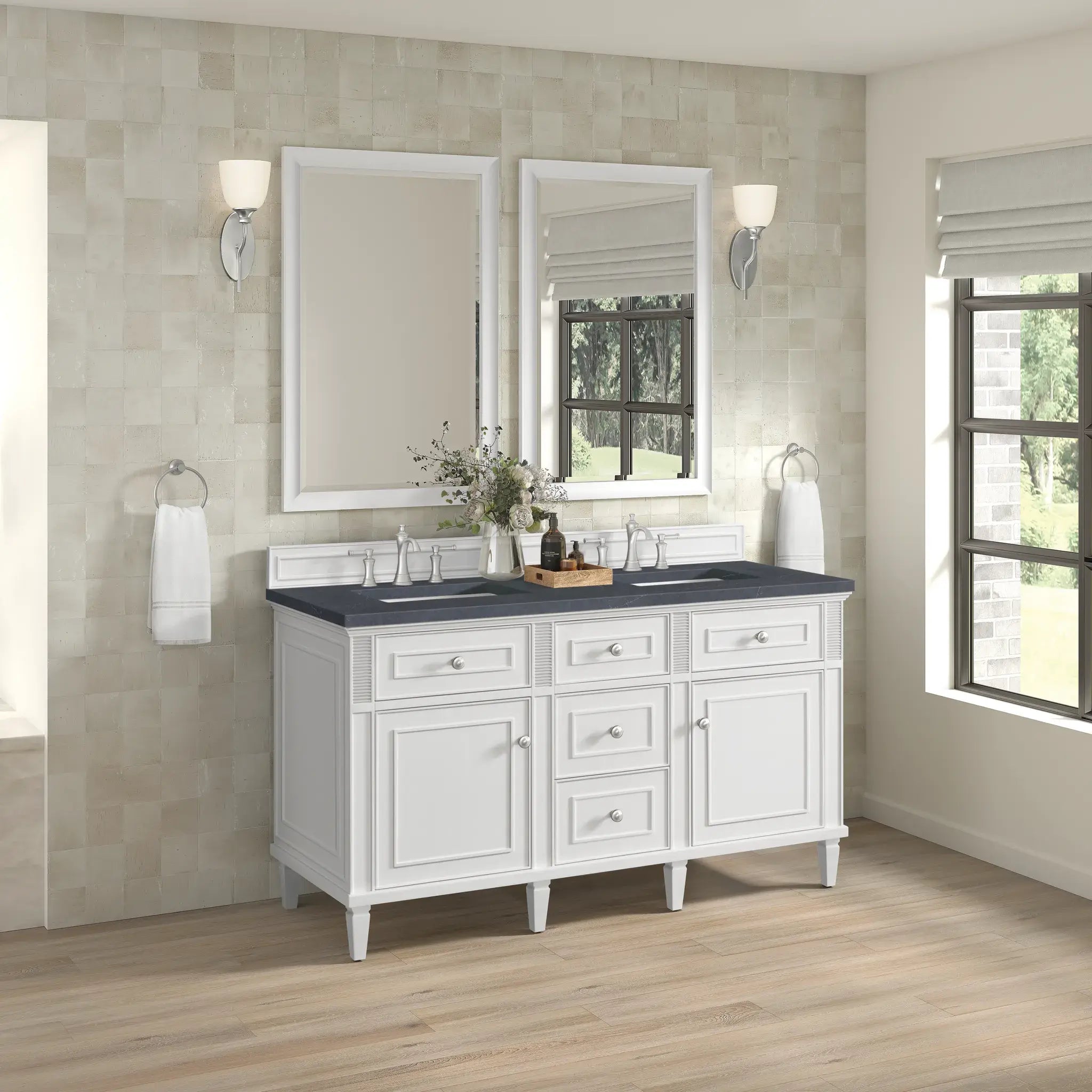 60" Lorelai Double Vanity in Bright White-Charcoal Soapstone Silestone-8" Widespread image 4