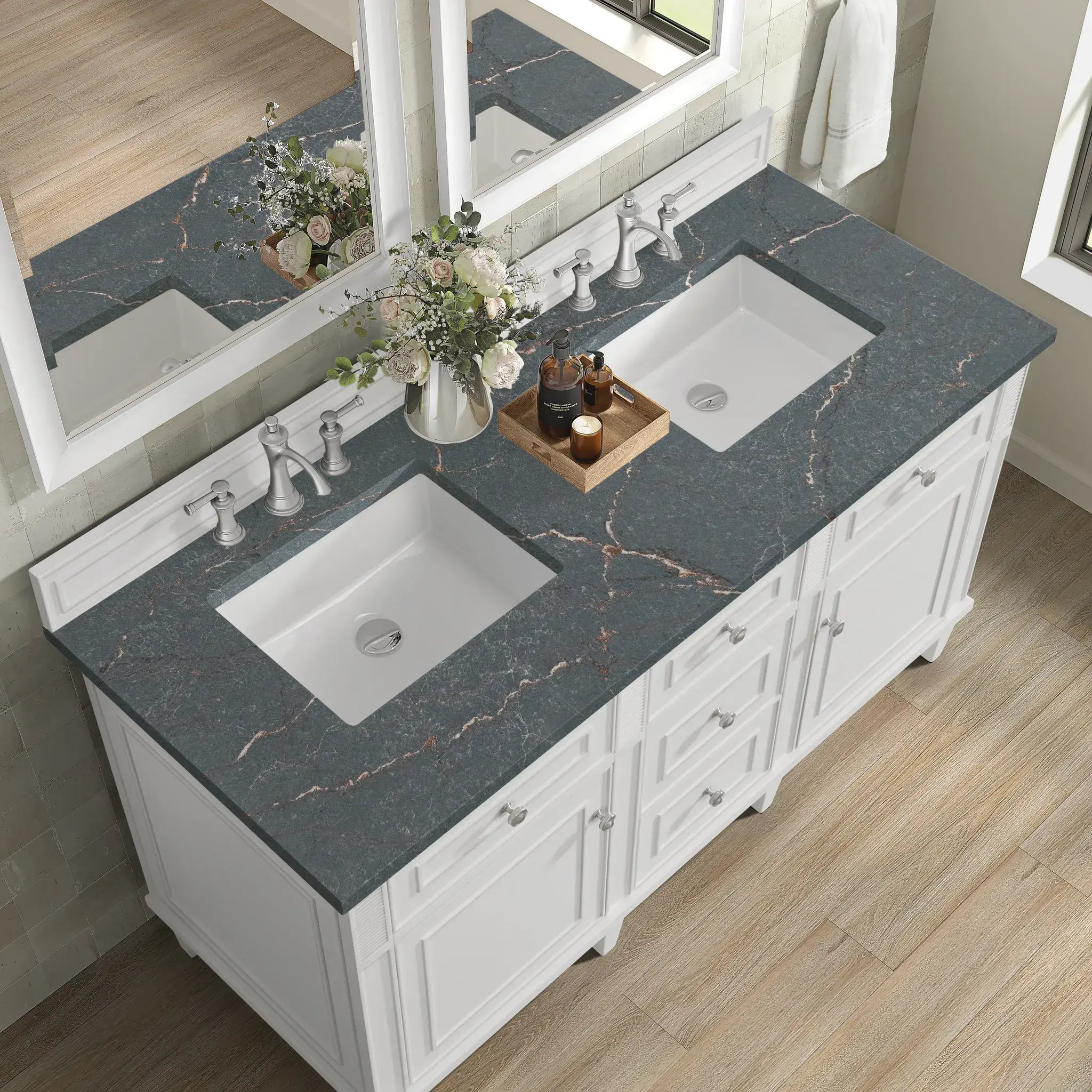 60" Lorelai Double Vanity in Bright White-Parisien Bleu Silestone-8" Widespread image 7