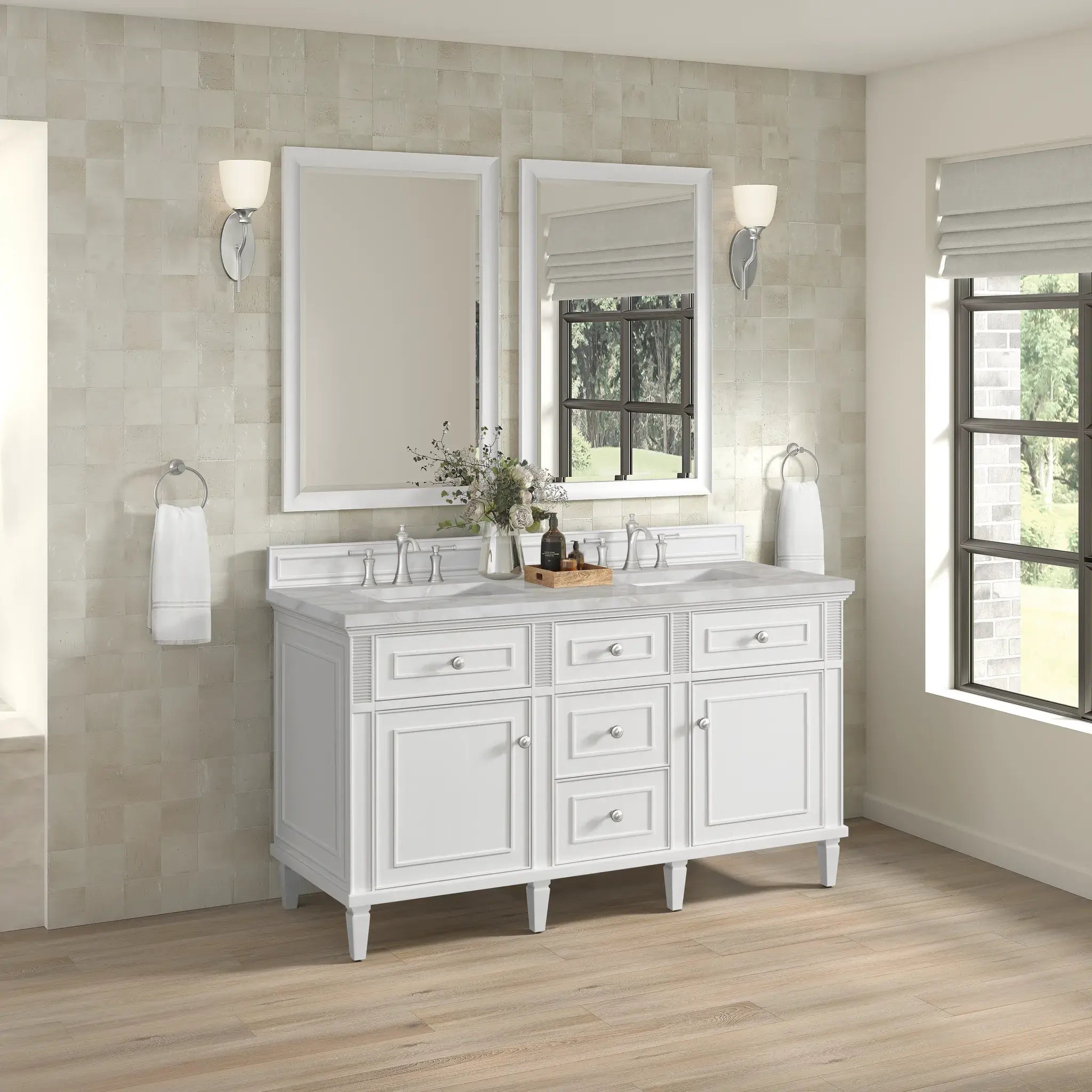 60" Lorelai Double Vanity in Bright White-Victorian Silver Silestone-8" Widespread image 4