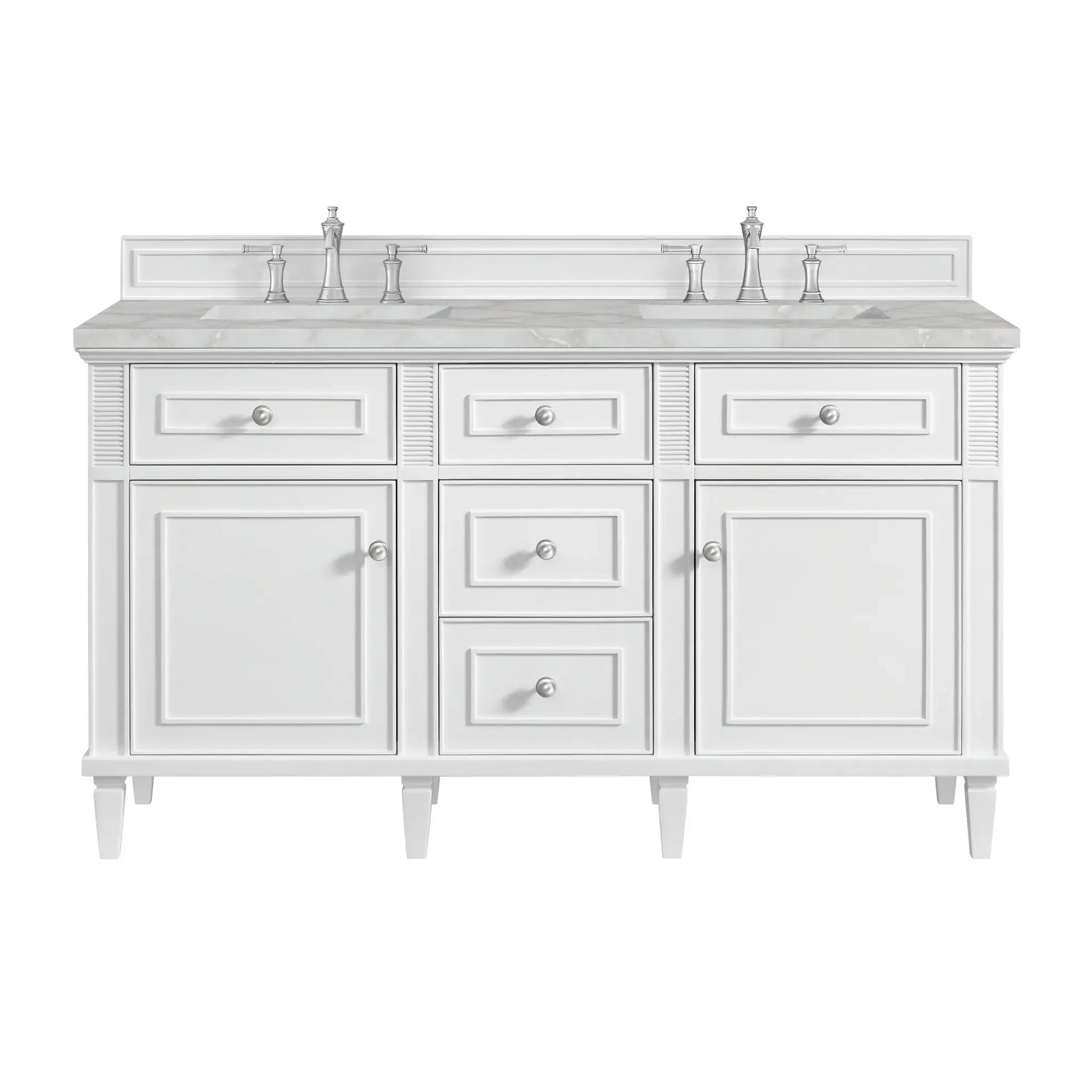 60" Lorelai Double Vanity in Bright White-Victorian Silver Silestone-8" Widespread image
