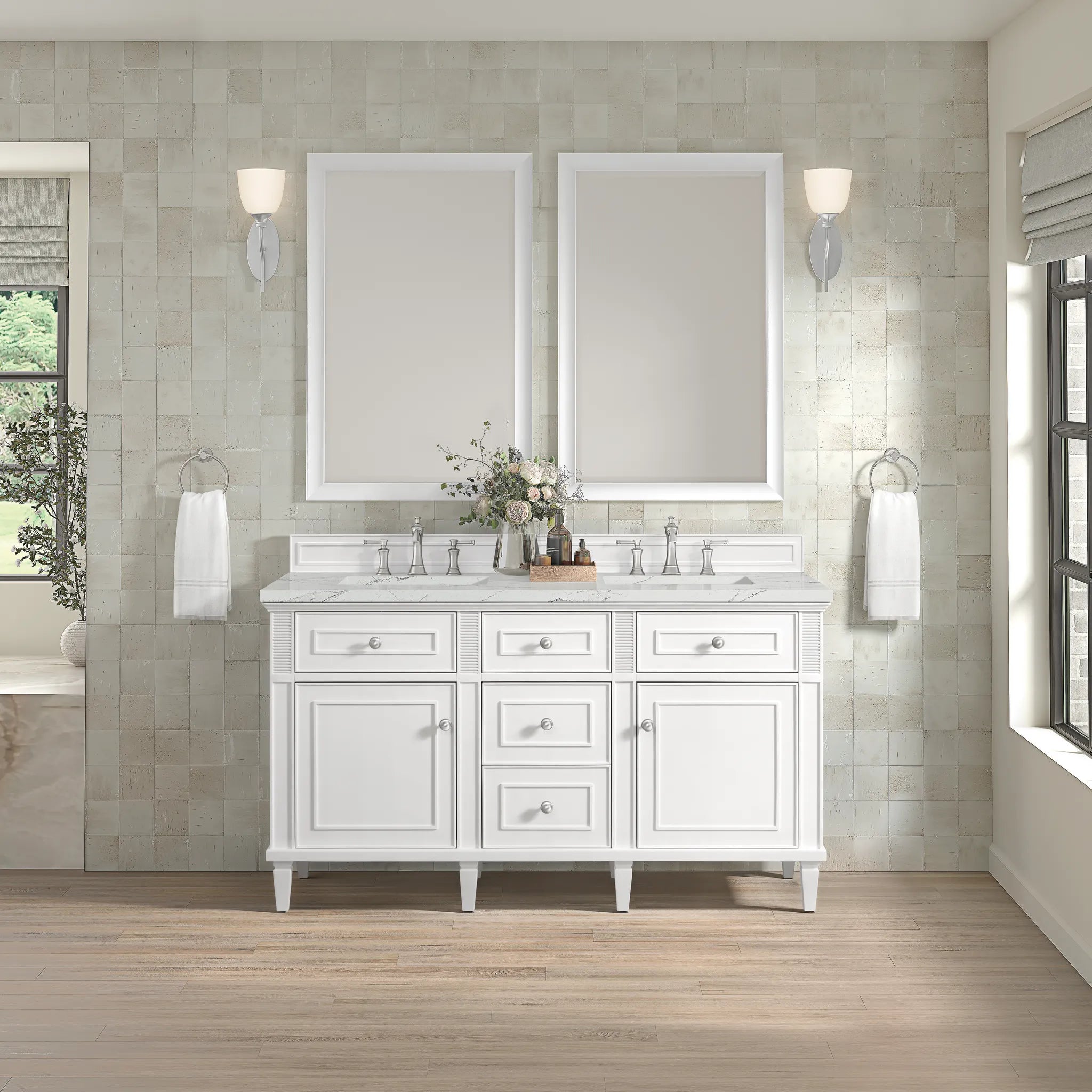 60" Lorelai Double Vanity in Bright White w/FreePower Wireless Charger-Ethereal Noctis Silestone-8" Widespread image 6