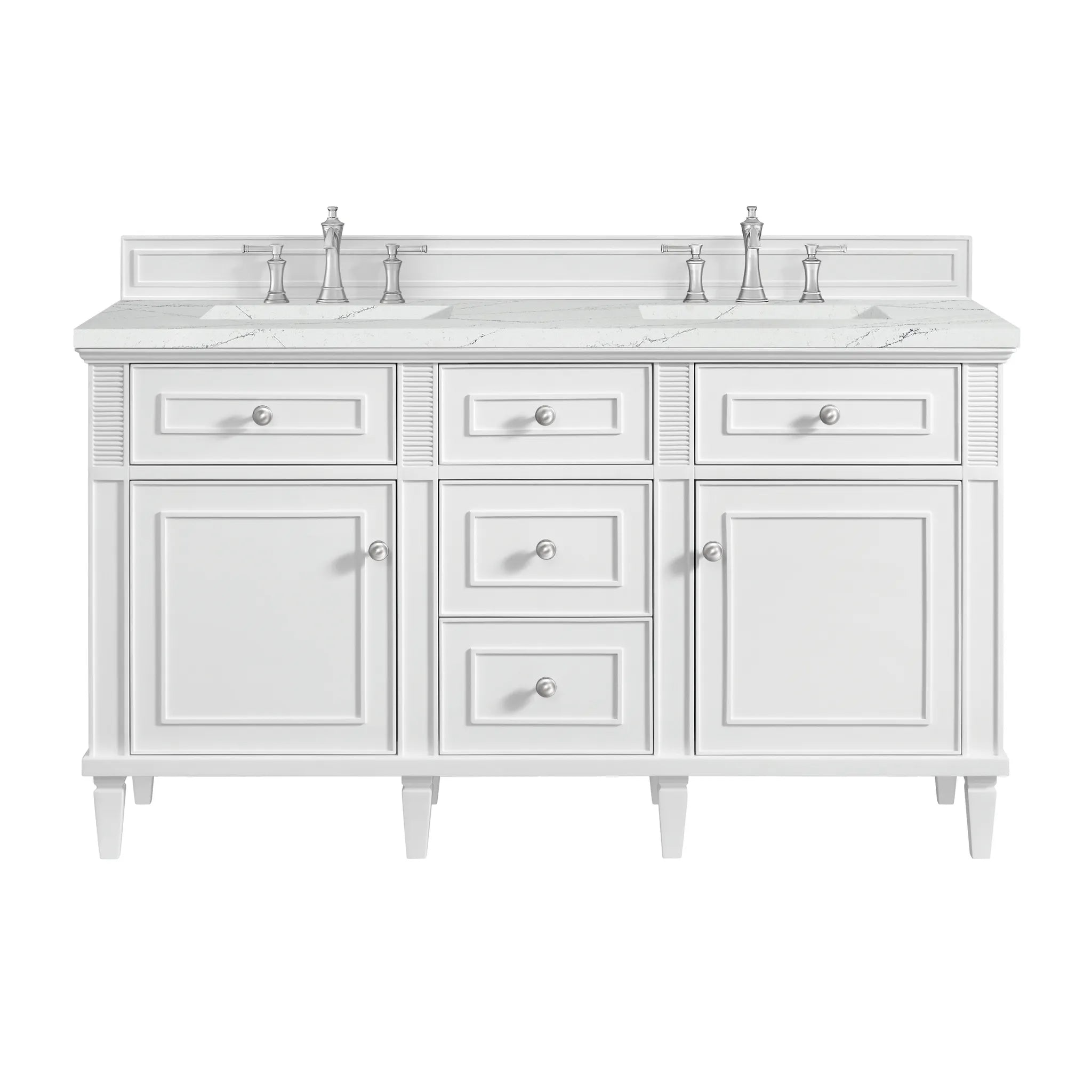 60" Lorelai Double Vanity in Bright White w/FreePower Wireless Charger-Ethereal Noctis Silestone-8" Widespread image