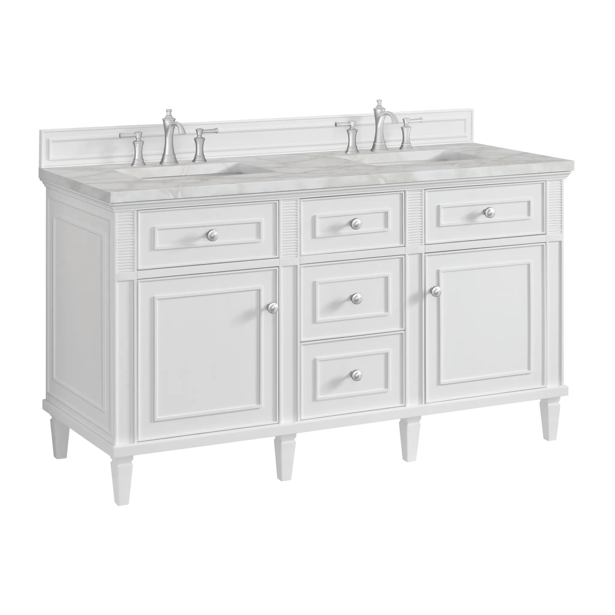 60" Lorelai Double Vanity in Bright White w/FreePower Wireless Charger-Victorian Silver Silestone-8" Widespread image 13