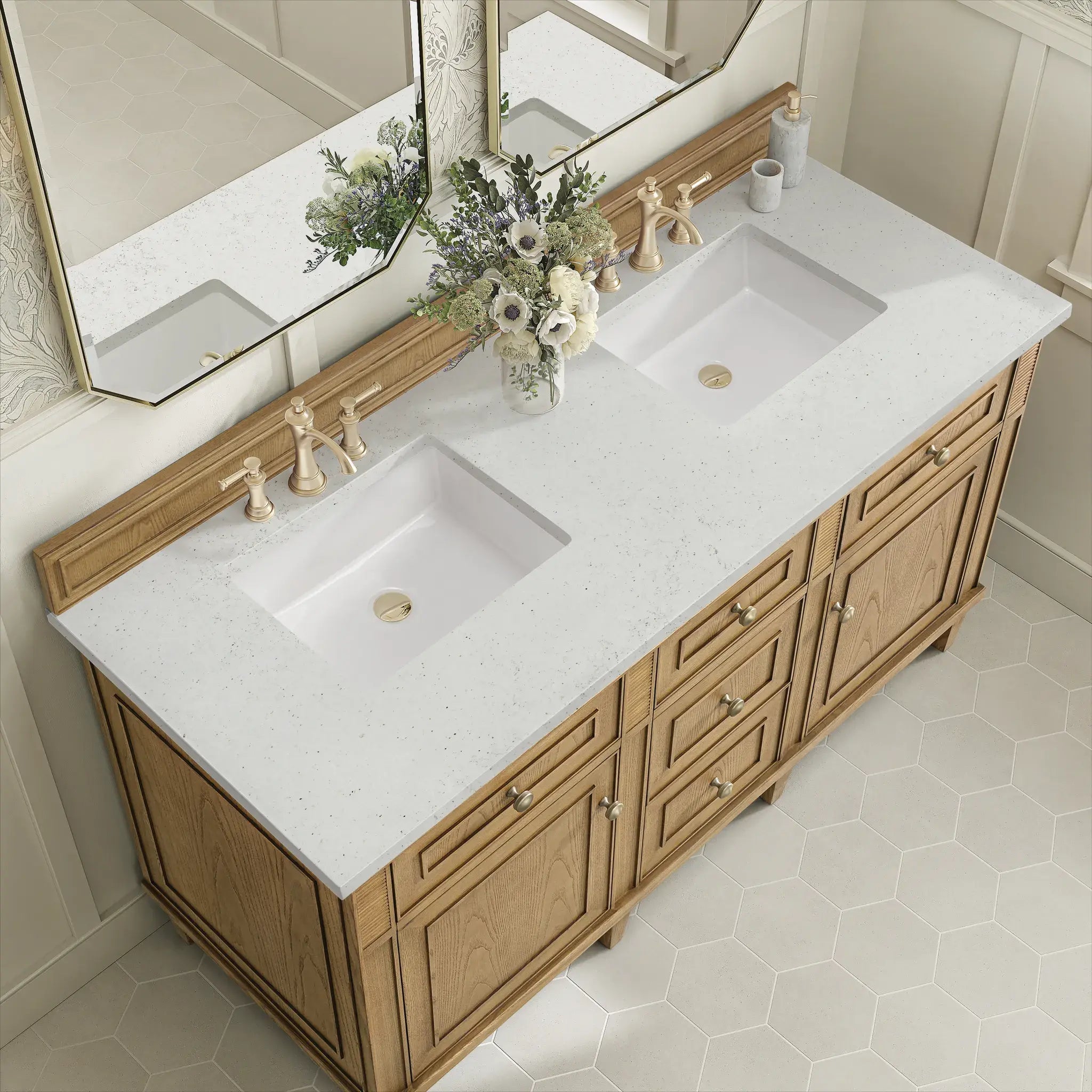 60" Lorelai Double Vanity in Light Natural Oak-Lime Delight Silestone-8" Widespread image 6