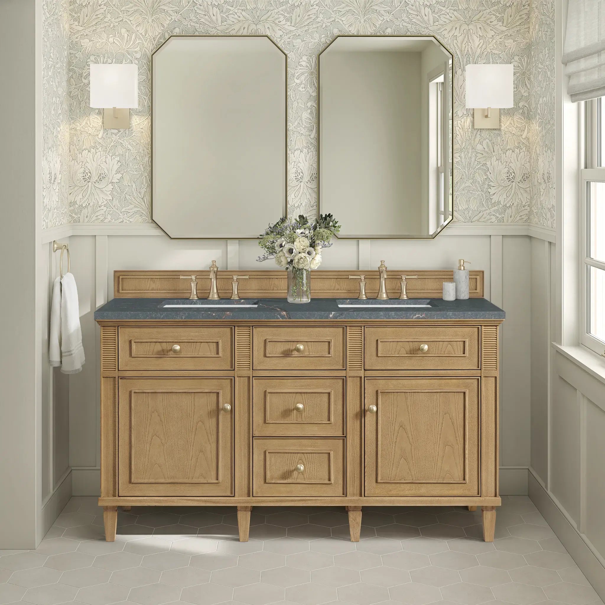 60" Lorelai Double Vanity in Light Natural Oak-Parisien Bleu Silestone-8" Widespread image 2