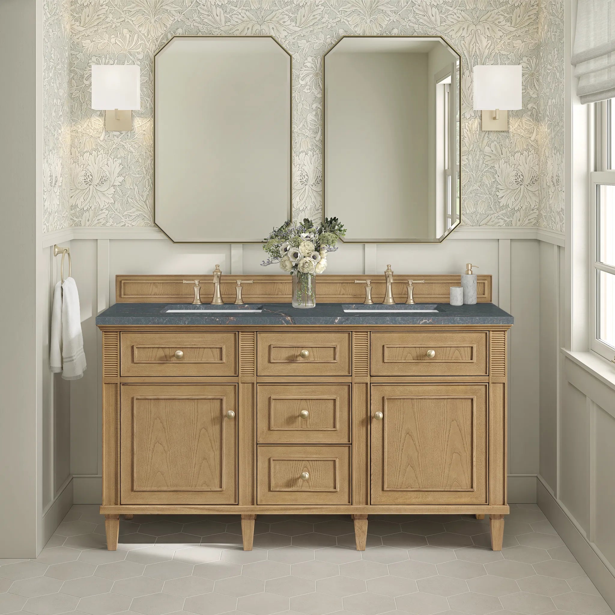 60" Lorelai Double Vanity in Light Natural Oak w/FreePower Wireless Charger-Parisien Bleu Silestone-8" Widespread image 5