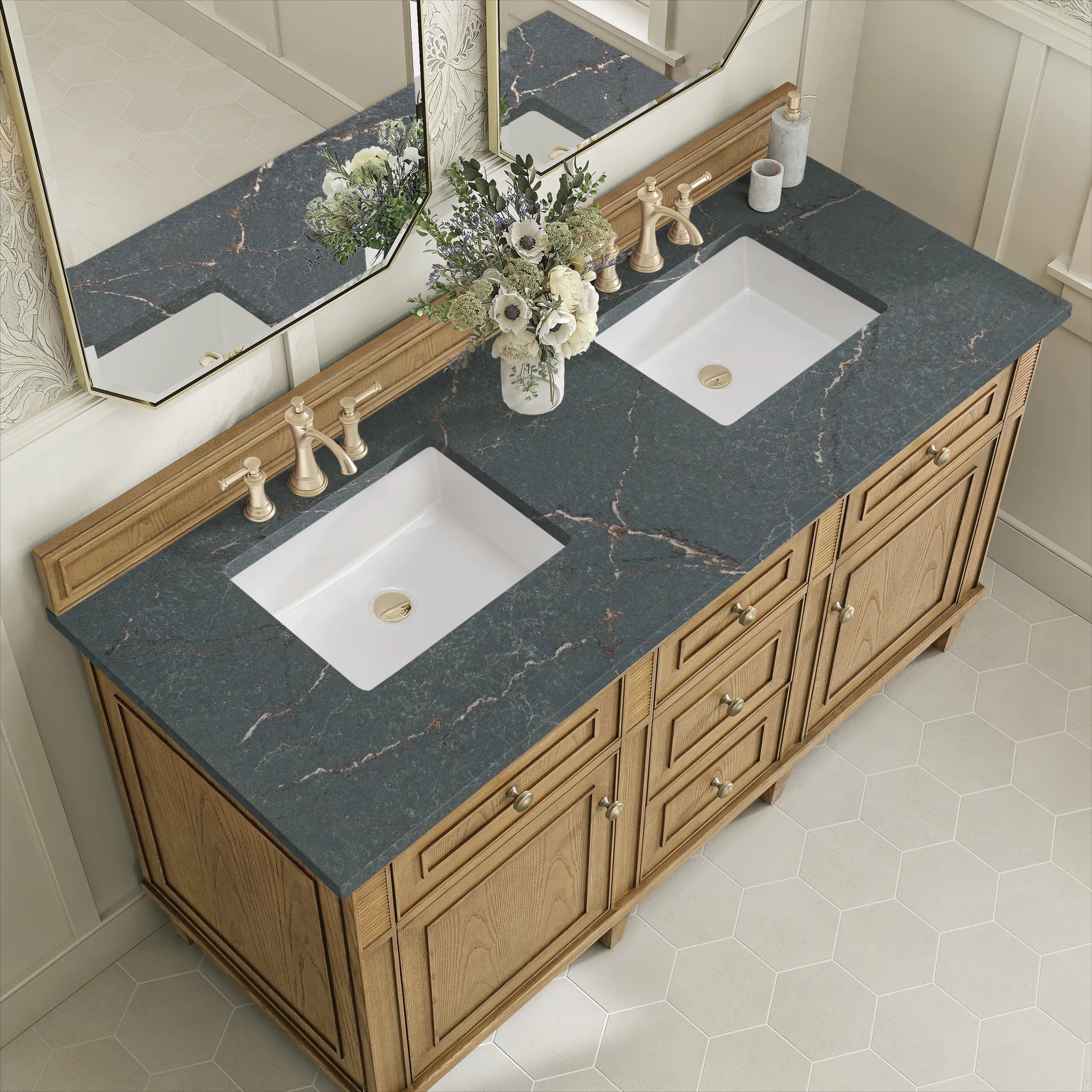 60" Lorelai Double Vanity in Light Natural Oak w/FreePower Wireless Charger-Parisien Bleu Silestone-8" Widespread image 9