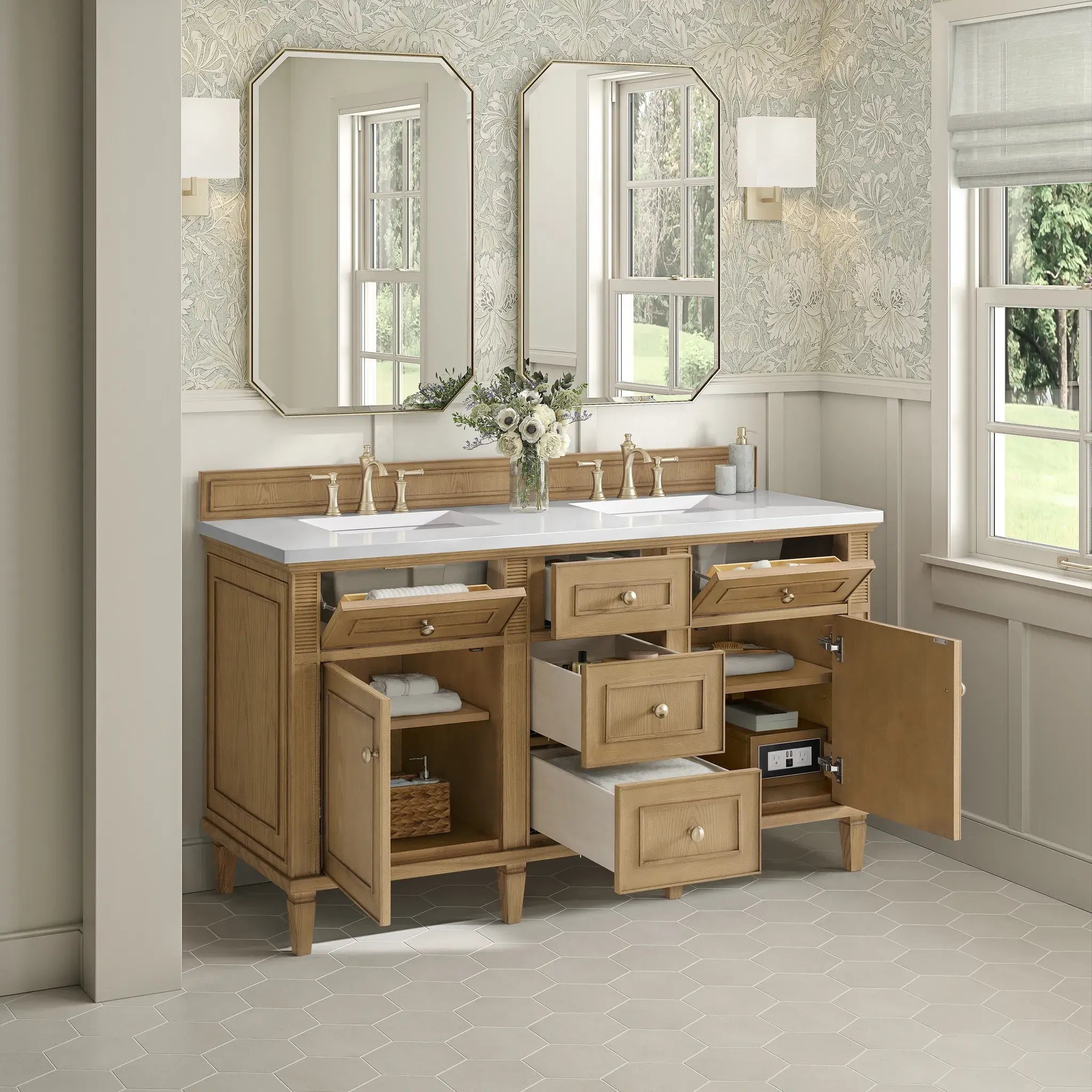 60" Lorelai Double Vanity in Light Natural Oak-White Zeus Silestone-8" Widespread image 4
