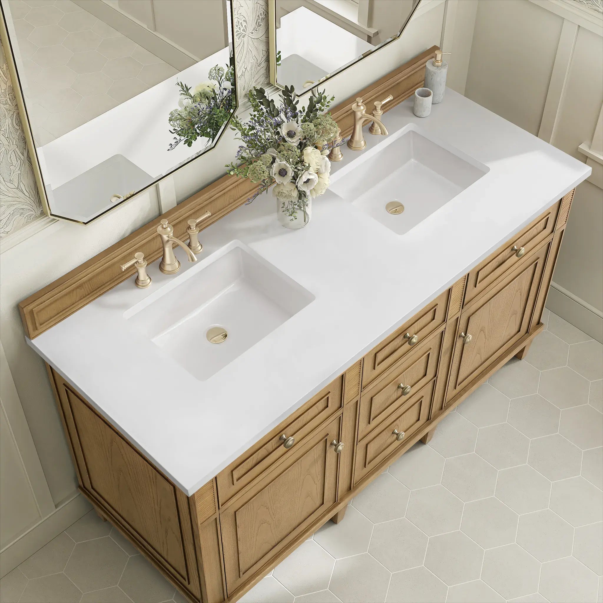 60" Lorelai Double Vanity in Light Natural Oak-White Zeus Silestone-8" Widespread image 6