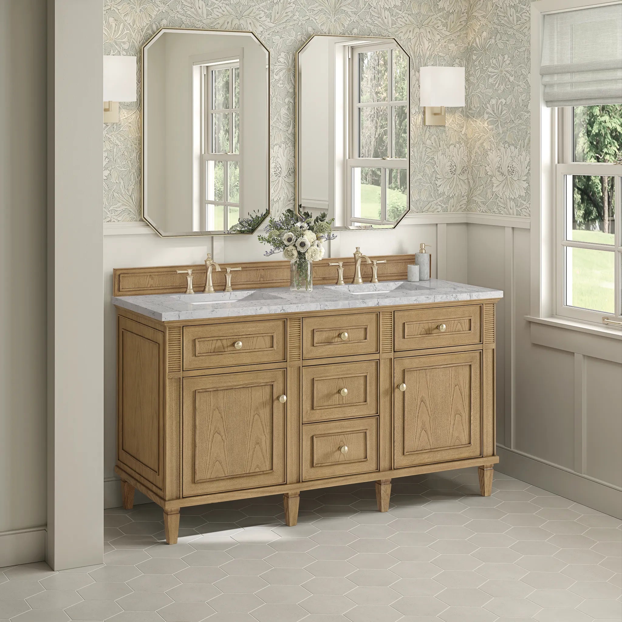 60" Lorelai Double Vanity in Light Natural Oak Wireless Charger-Eternal Jasmine Pearl Silestone-8" Widespread image 6