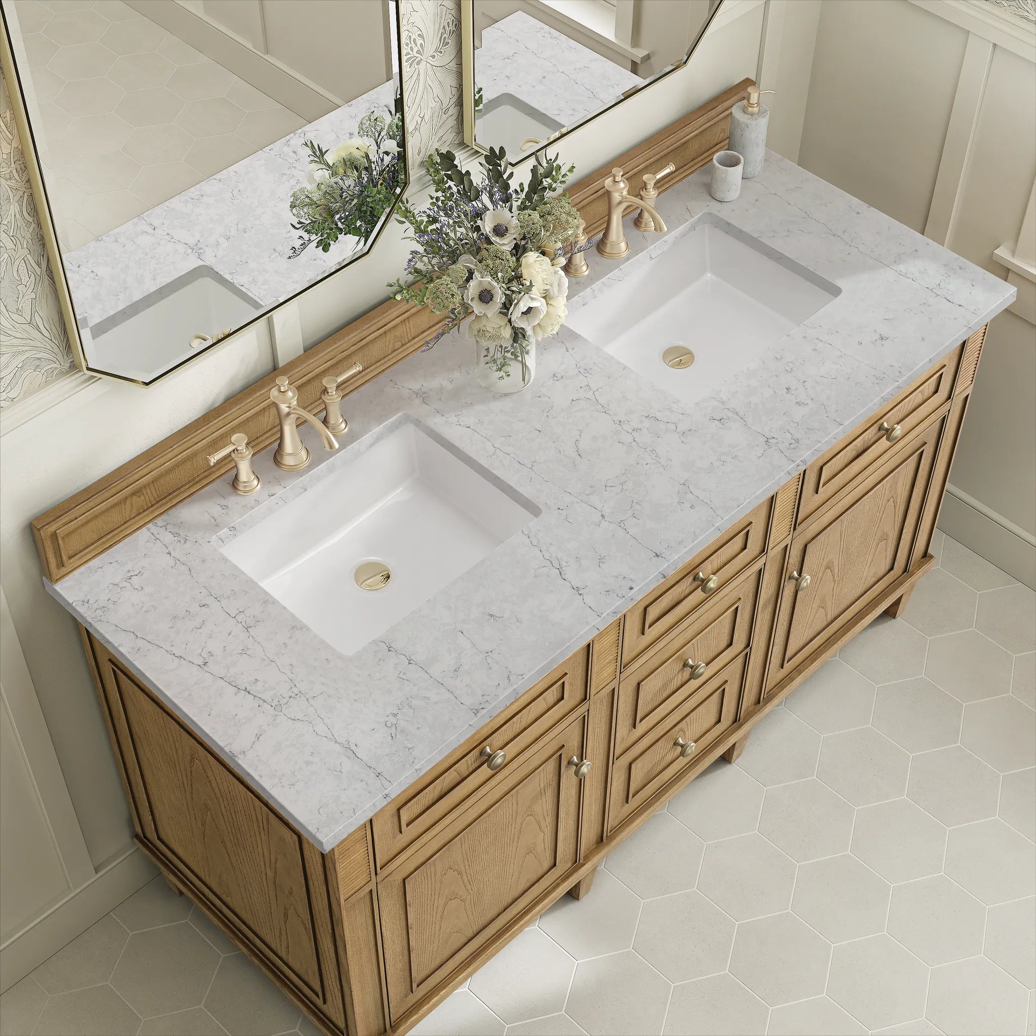 60" Lorelai Double Vanity in Light Natural Oak Wireless Charger-Eternal Jasmine Pearl Silestone-8" Widespread image 9