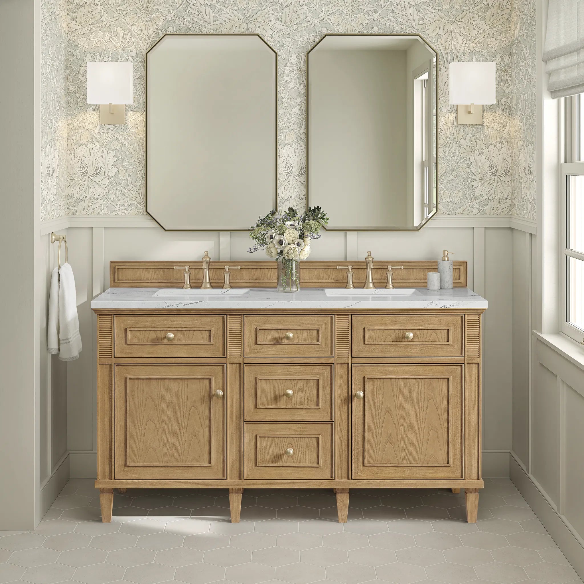 60" Lorelai Double Vanity in Light Natural Oak Wireless Charger-Ethereal Noctis Silestone-8" Widespread image 5