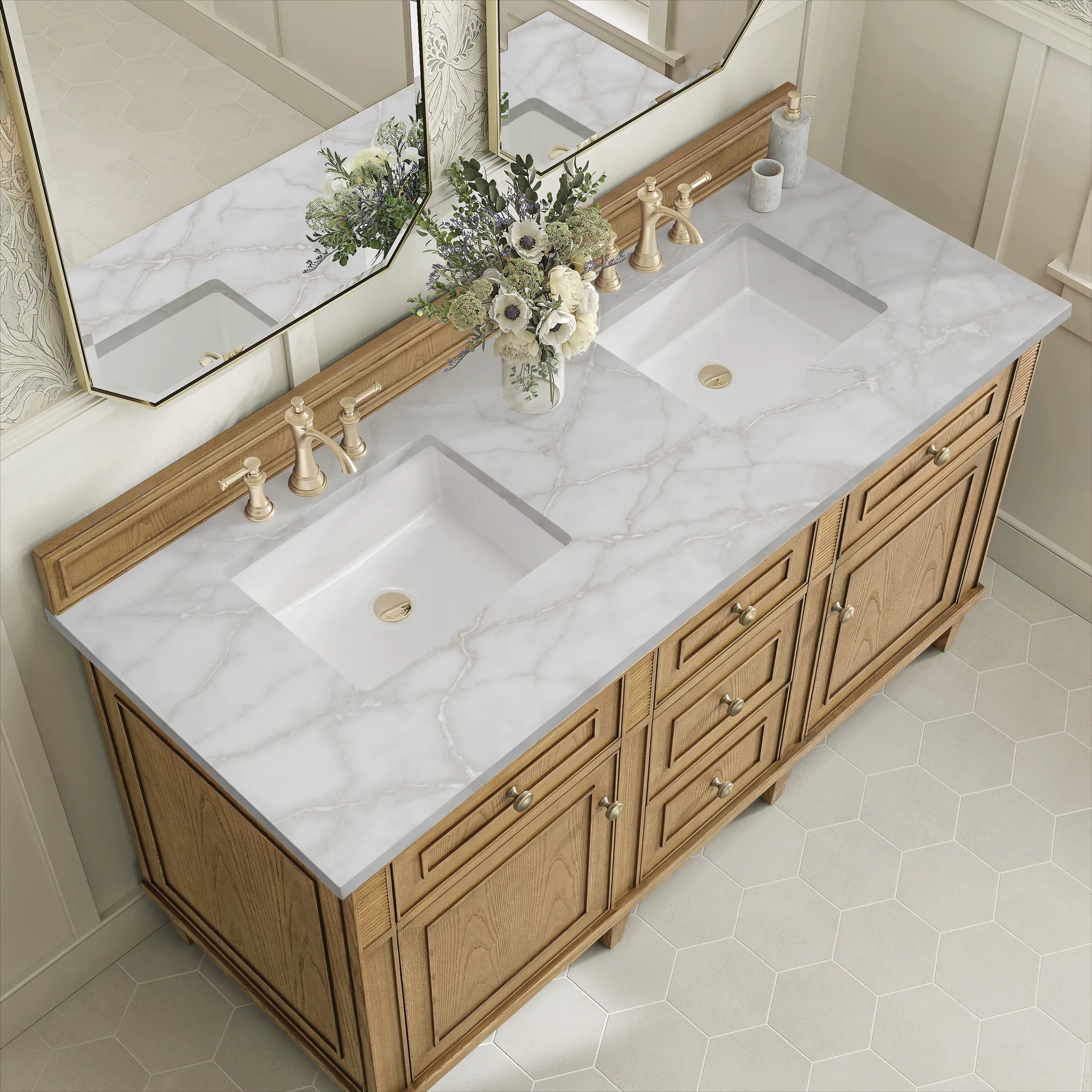 60" Lorelai Double Vanity in Light Natural Oak Wireless Charger-Victorian Silver Silestone-8" Widespread image 9