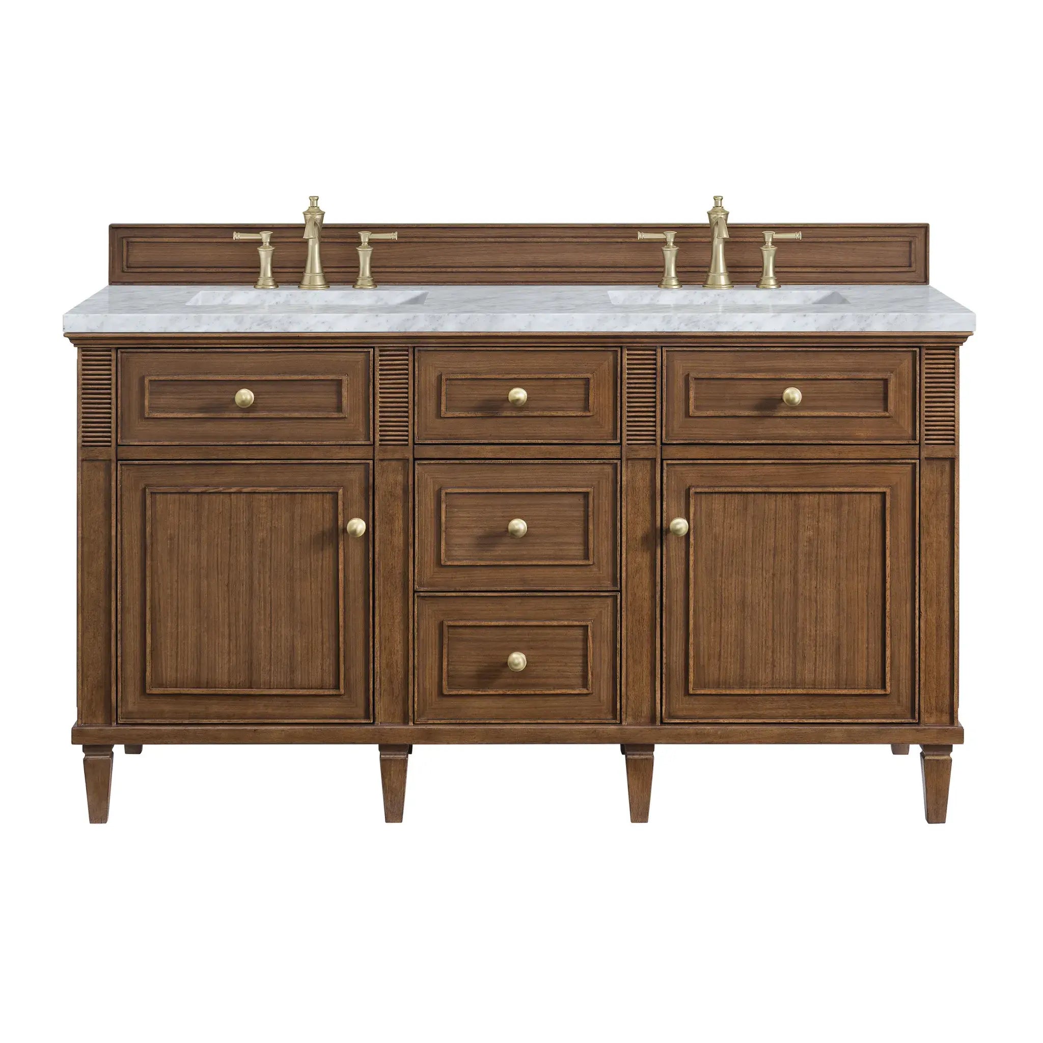 60" Lorelai Double Vanity in Mid-Century Walnut-Carrara White Marble-8" Widespread image