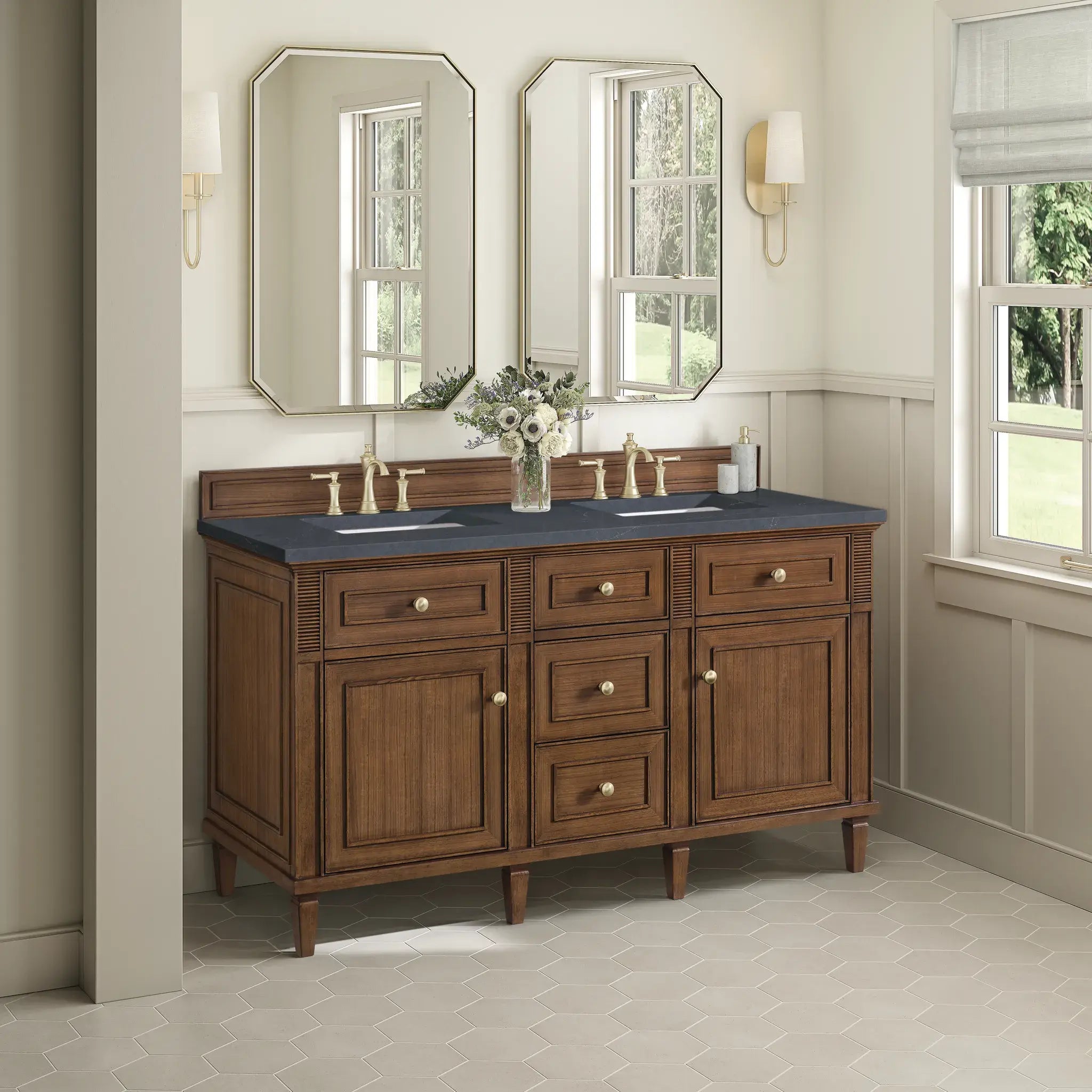 60" Lorelai Double Vanity in Mid-Century Walnut-Charcoal Soapstone Silestone-8" Widespread image 3