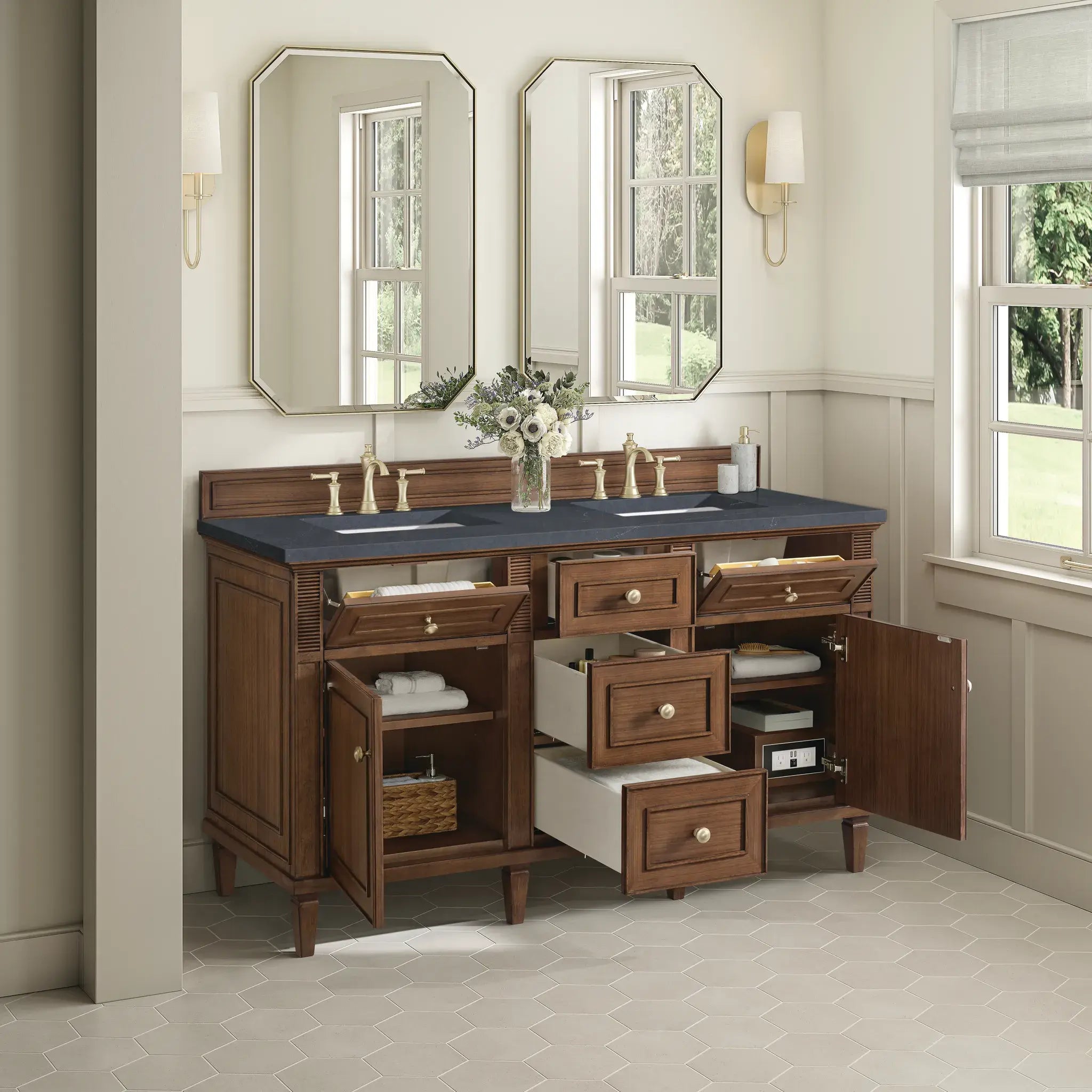 60" Lorelai Double Vanity in Mid-Century Walnut-Charcoal Soapstone Silestone-8" Widespread image 4