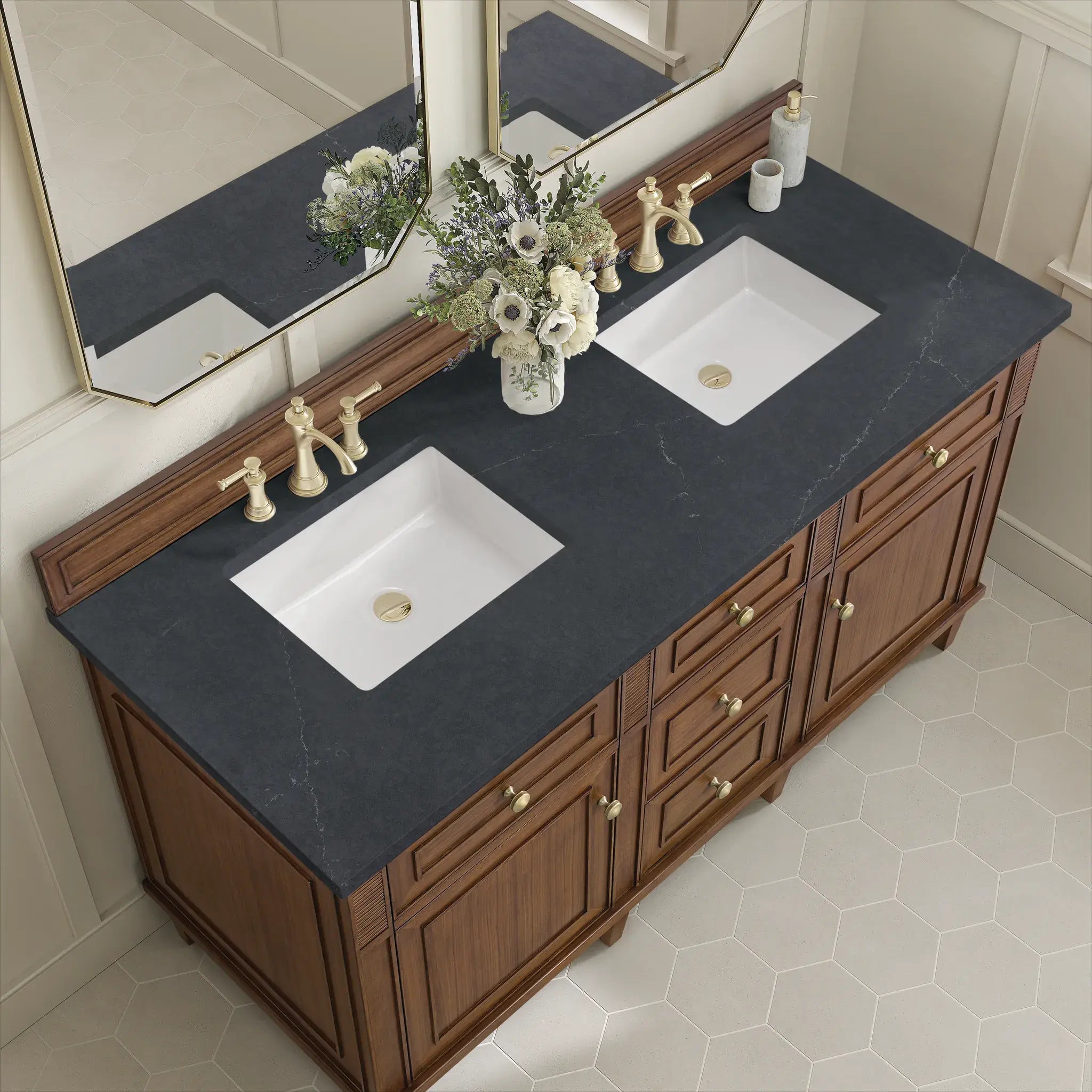 60" Lorelai Double Vanity in Mid-Century Walnut-Charcoal Soapstone Silestone-8" Widespread image 6