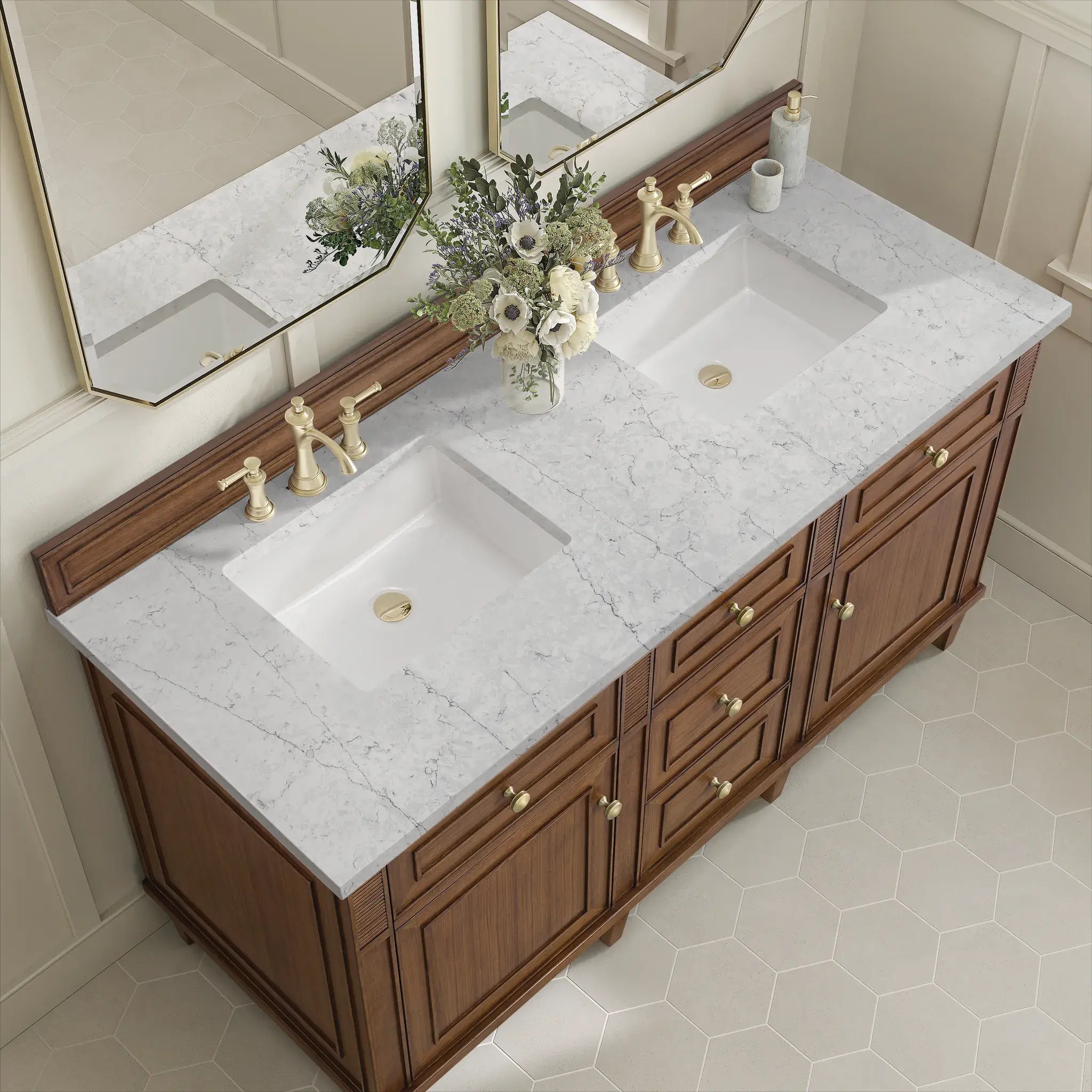 60" Lorelai Double Vanity in Mid-Century Walnut-Eternal Jasmine Pearl Silestone-8" Widespread image 6