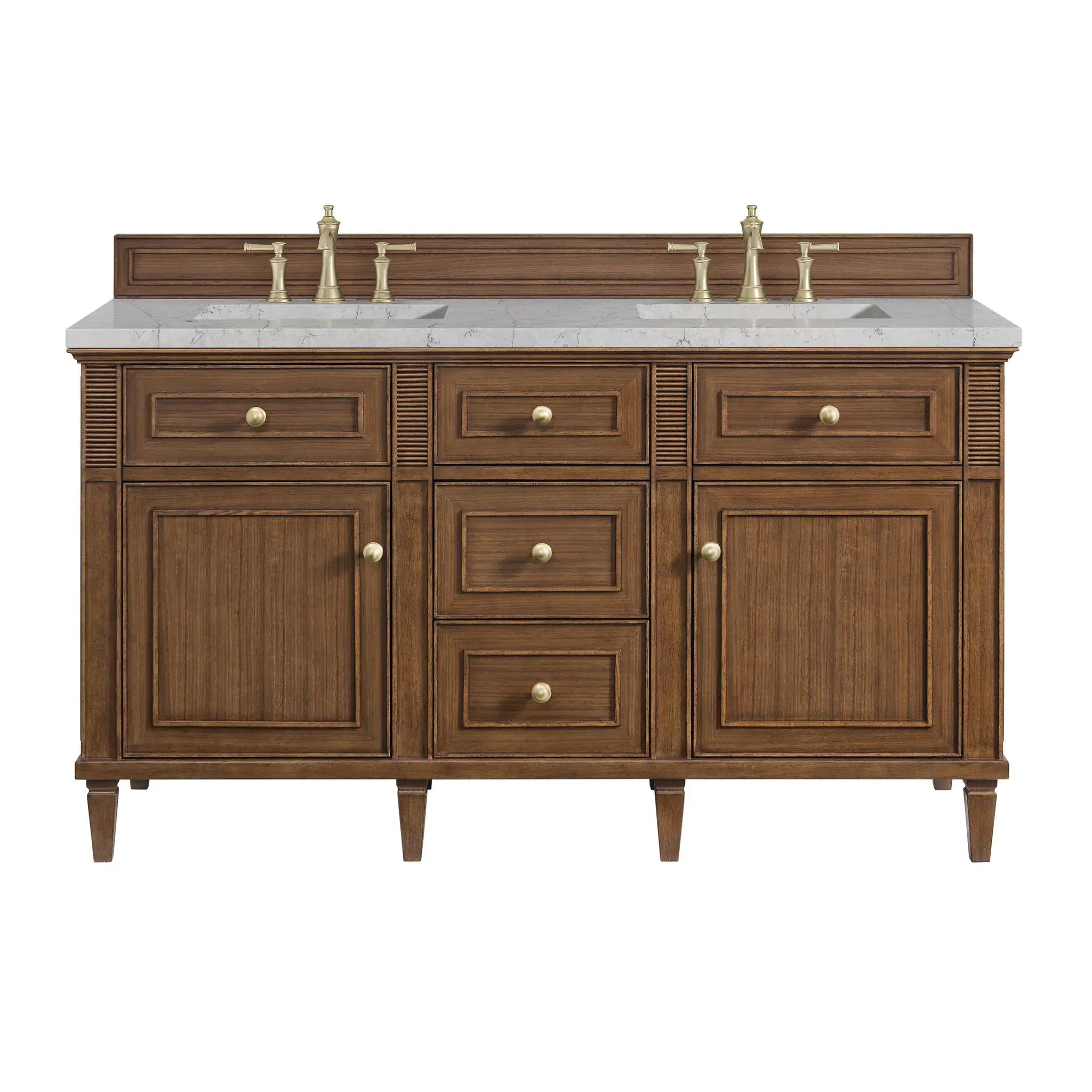 60" Lorelai Double Vanity in Mid-Century Walnut-Eternal Jasmine Pearl Silestone-8" Widespread image