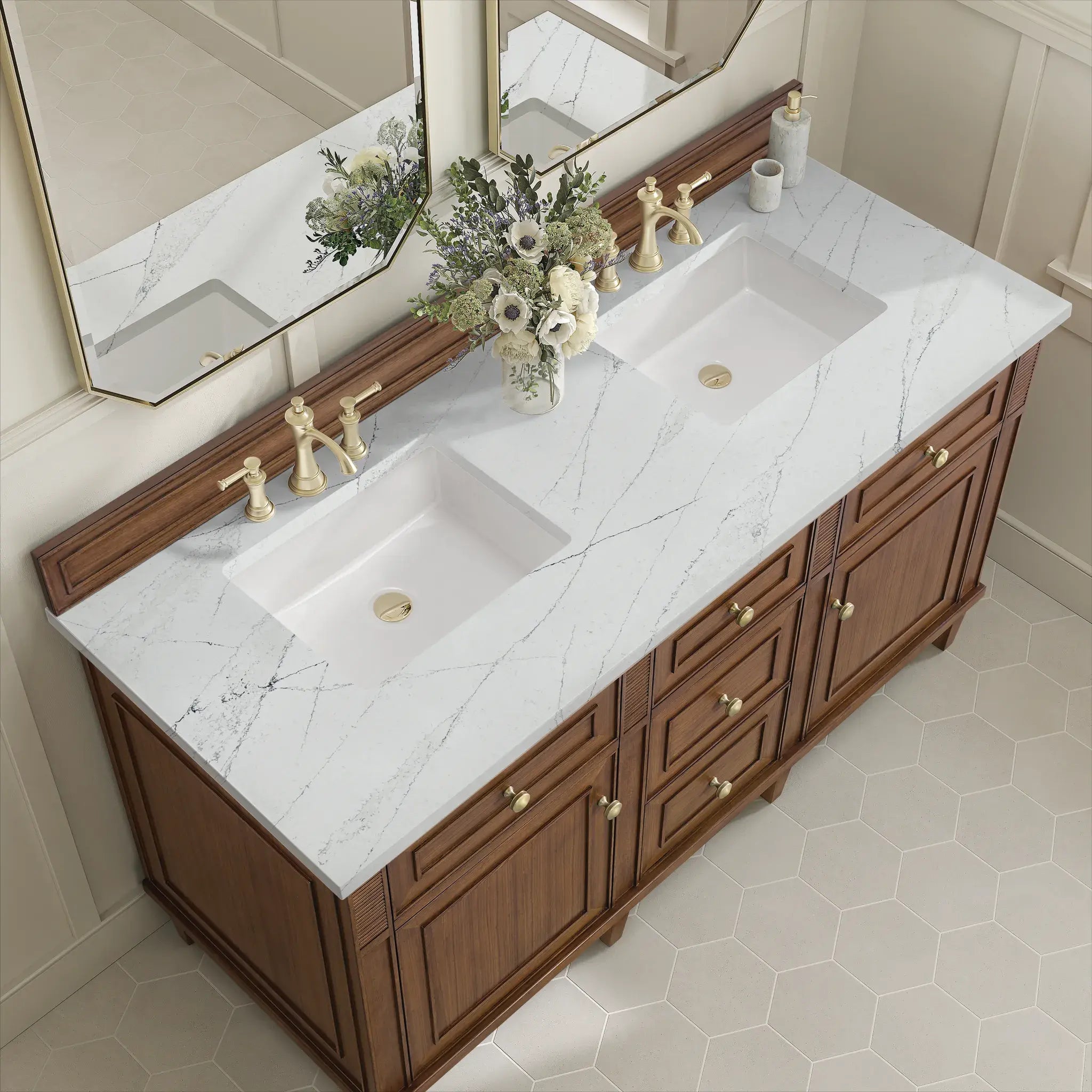 60" Lorelai Double Vanity in Mid-Century Walnut-Ethereal Noctis Silestone-8" Widespread image 6