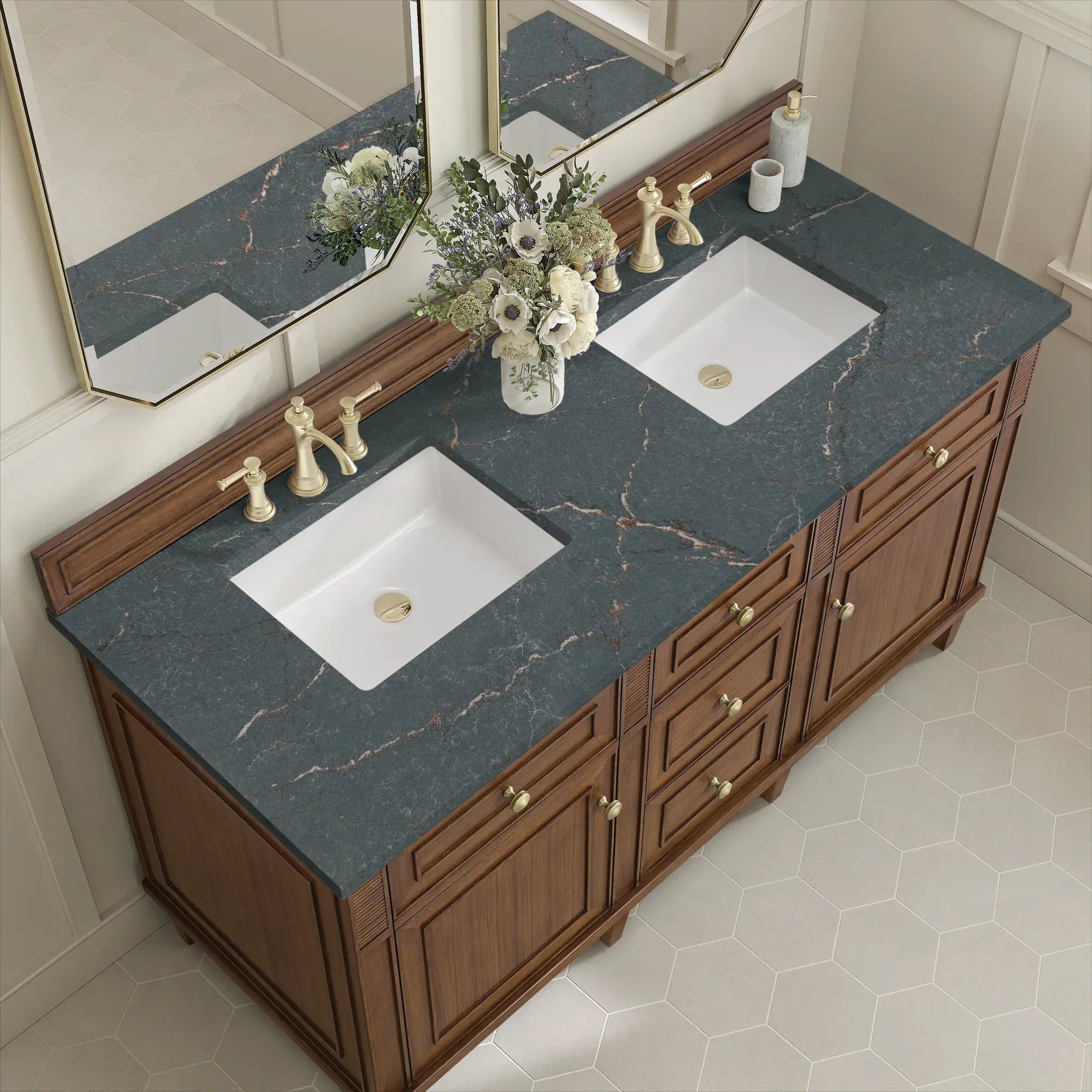 60" Lorelai Double Vanity in Mid-Century Walnut-Parisien Bleu Silestone-8" Widespread image 6