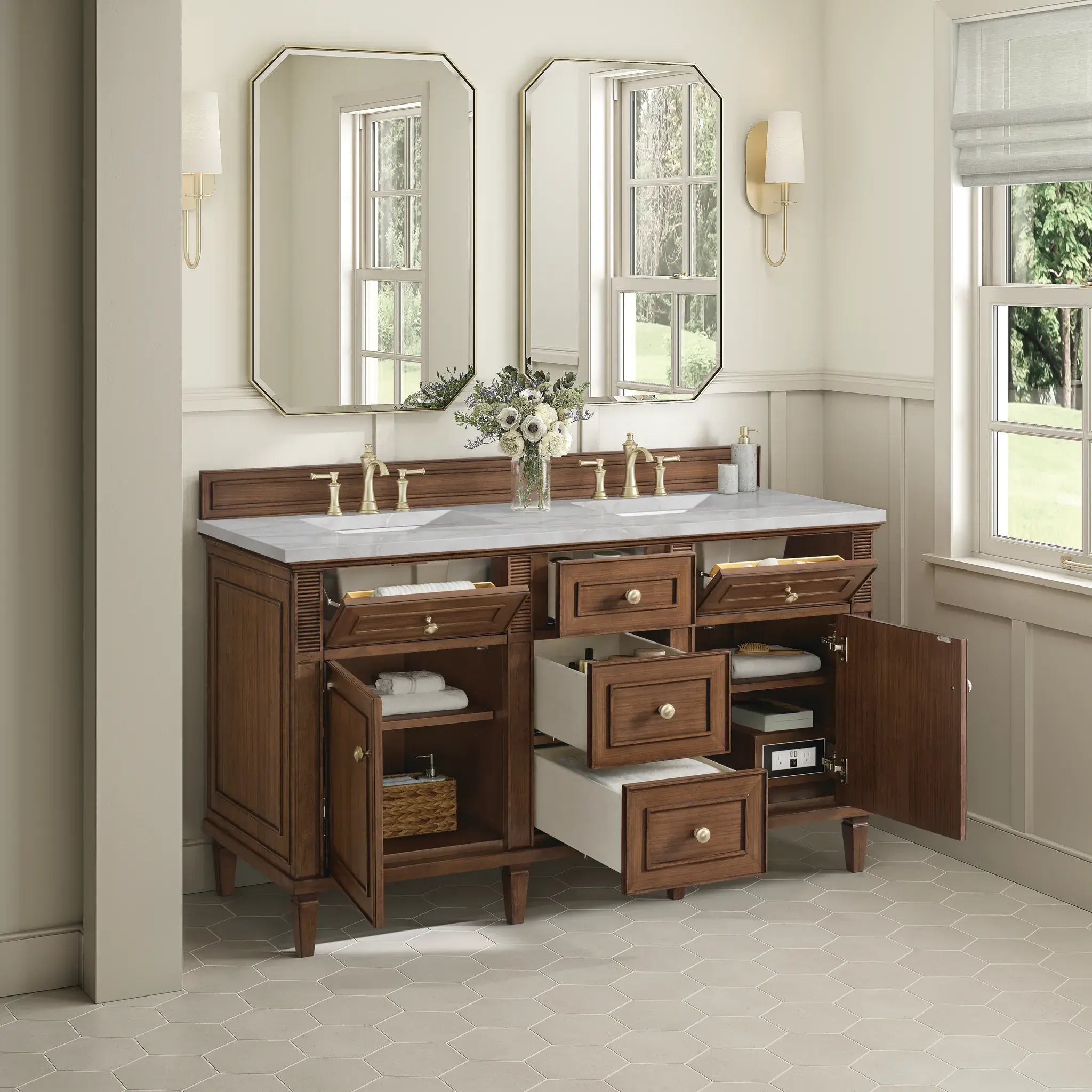 60" Lorelai Double Vanity in Mid-Century Walnut-Victorian Silver Silestone-8" Widespread image 4