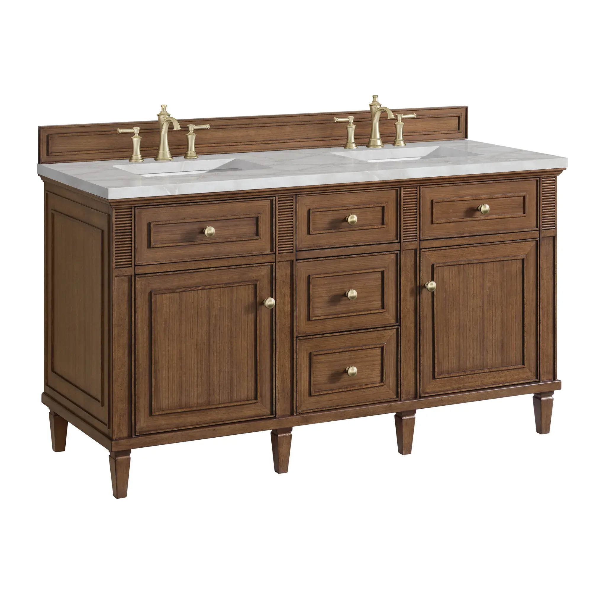 60" Lorelai Double Vanity in Mid-Century Walnut-Victorian Silver Silestone-8" Widespread image 9