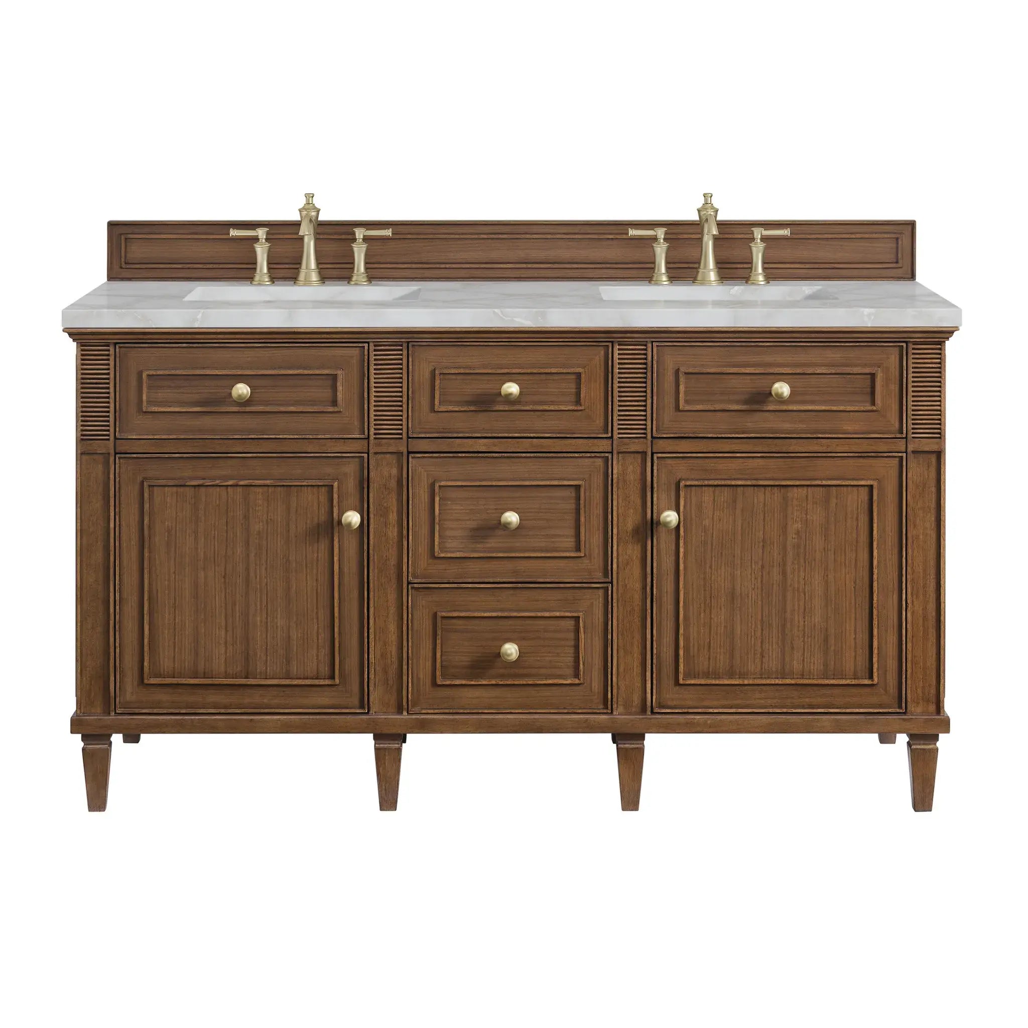 60" Lorelai Double Vanity in Mid-Century Walnut-Victorian Silver Silestone-8" Widespread image