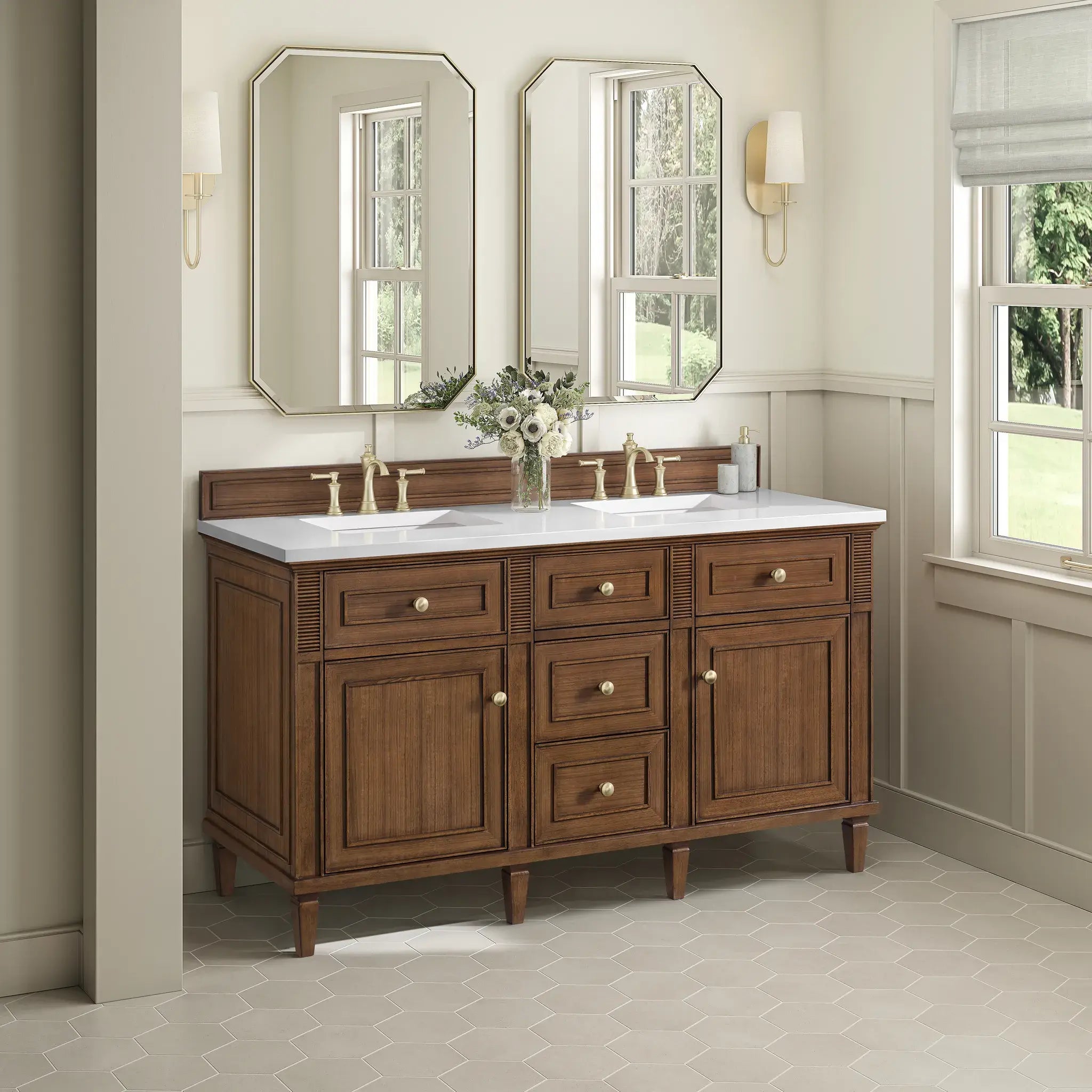 60" Lorelai Double Vanity in Mid-Century Walnut-White Zeus Silestone-8" Widespread image 3