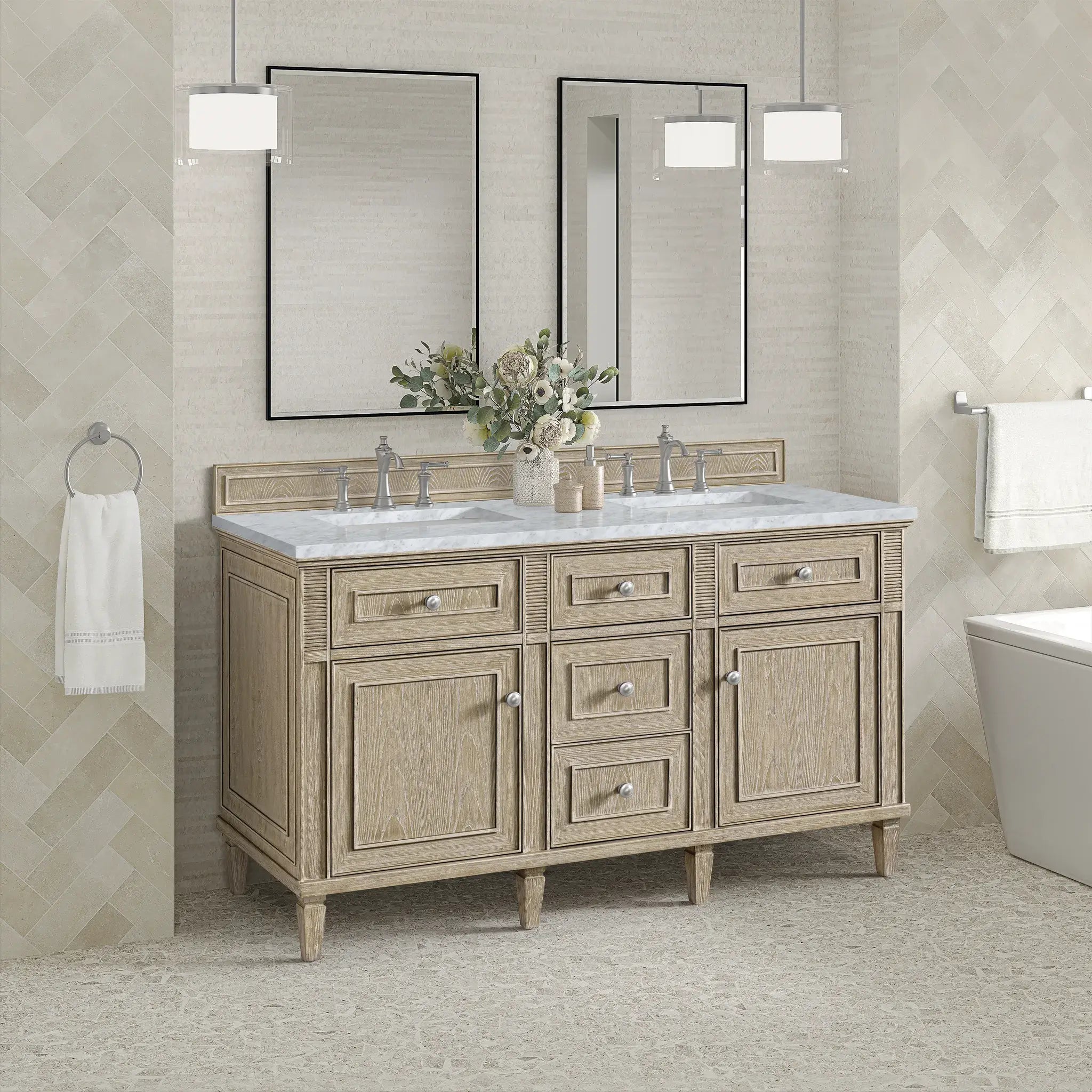 60" Lorelai Double Vanity in Whitewashed Oak-Carrara White Marble-8" Widespread image 3