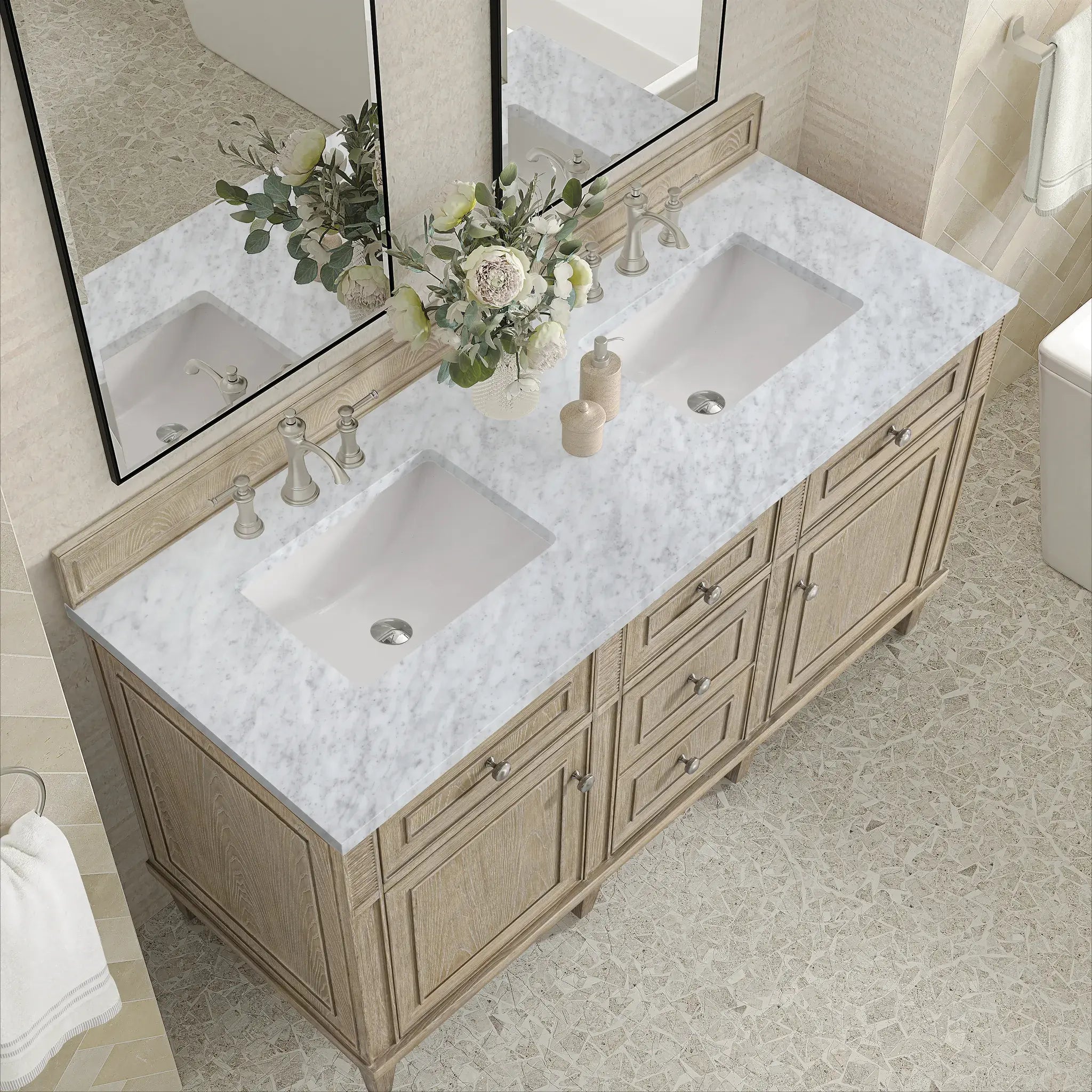 60" Lorelai Double Vanity in Whitewashed Oak-Carrara White Marble-8" Widespread image 6