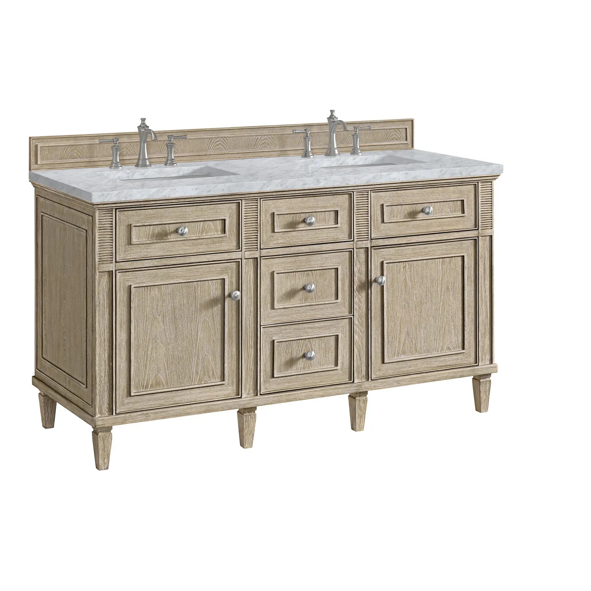 60" Lorelai Double Vanity in Whitewashed Oak-Carrara White Marble-8" Widespread image 9