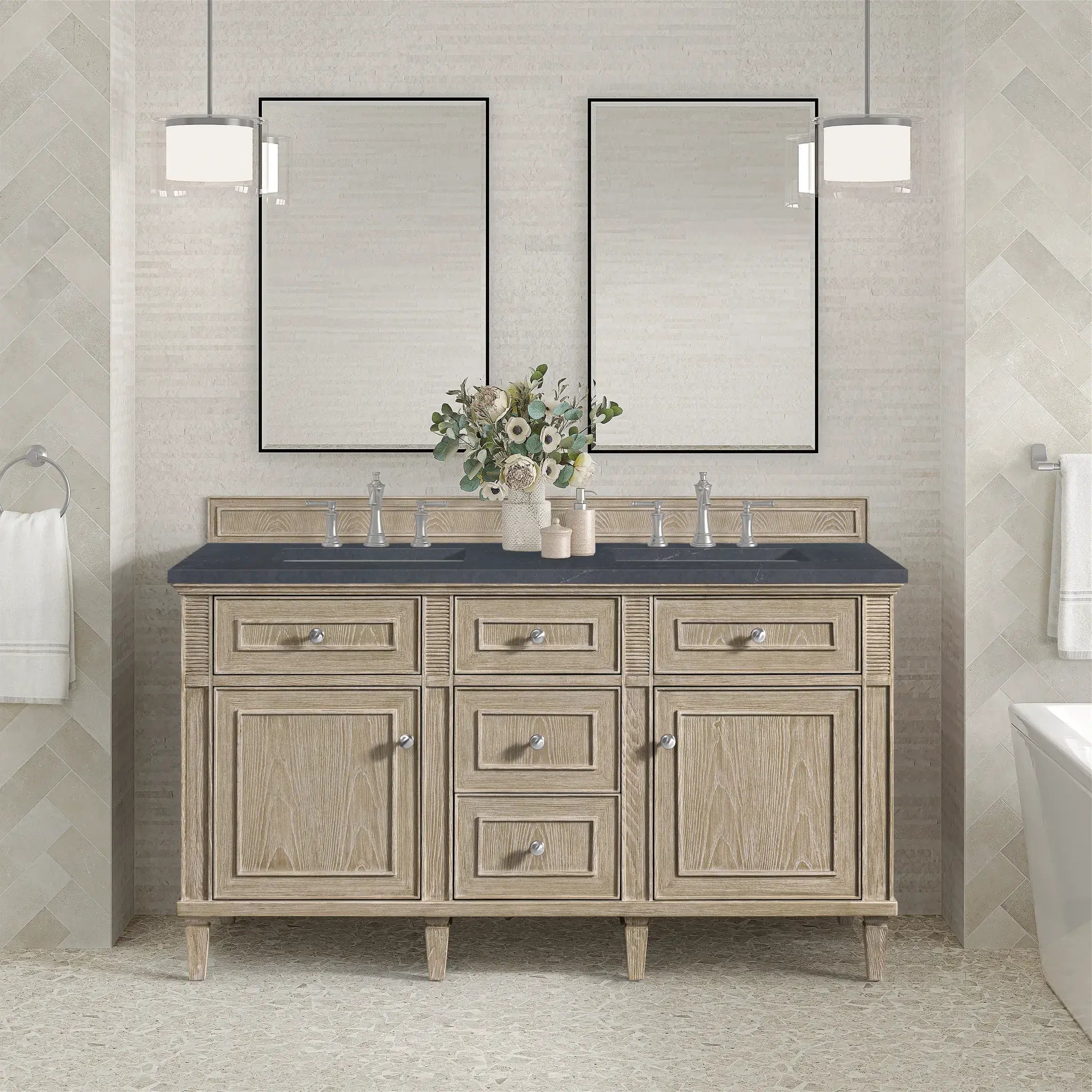60" Lorelai Double Vanity in Whitewashed Oak-Charcoal Soapstone Silestone-8" Widespread image 2